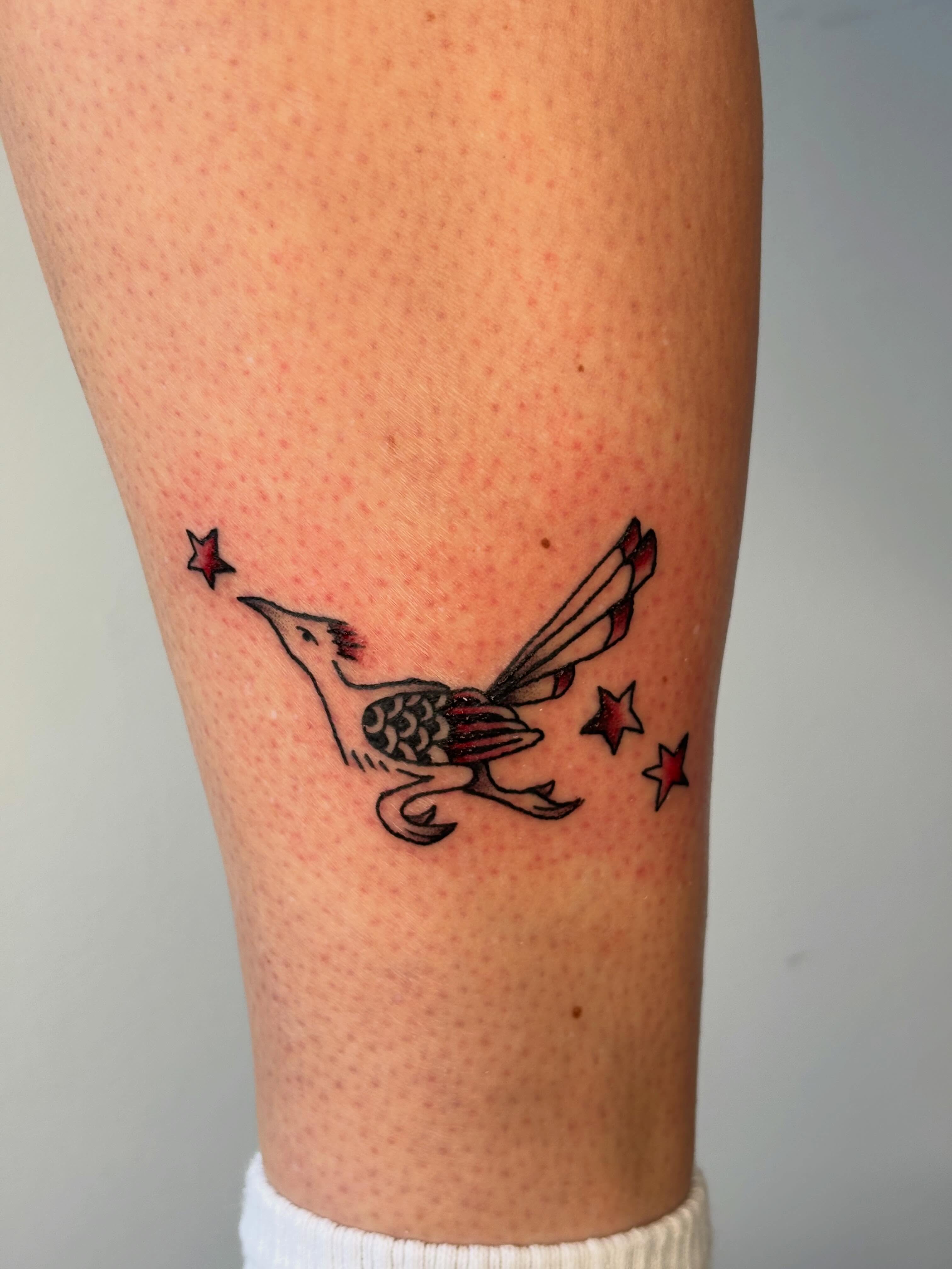 Bird with stars American traditional tattoo on the forearm by Topher Belmont
