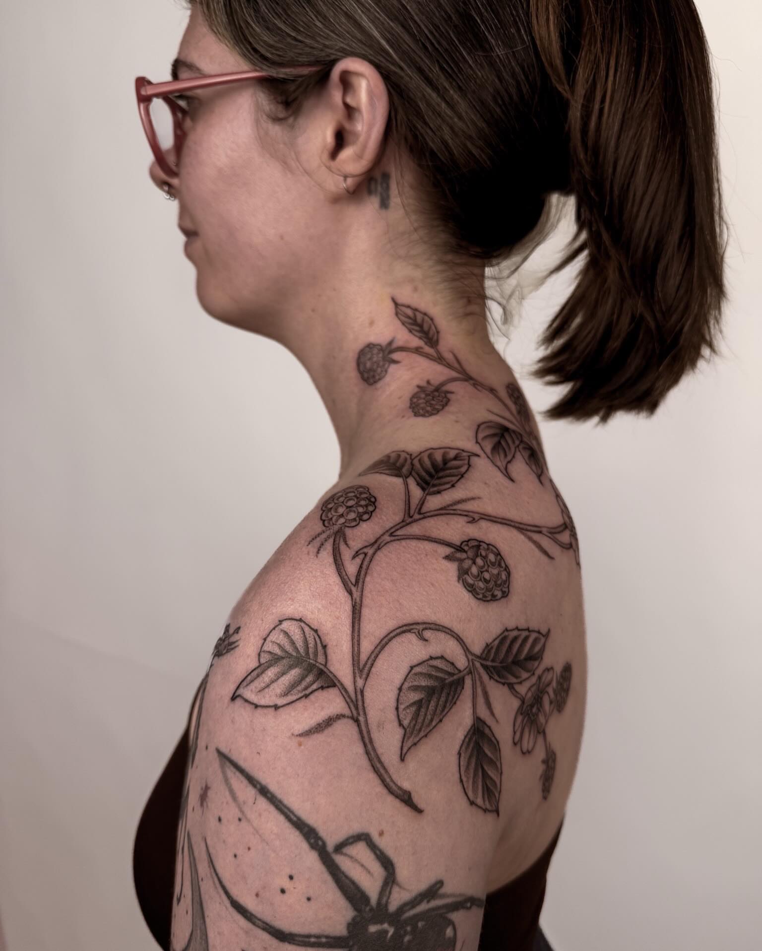 Berry vine black and grey tattoo on the shoulder by 🌸delaney🌸