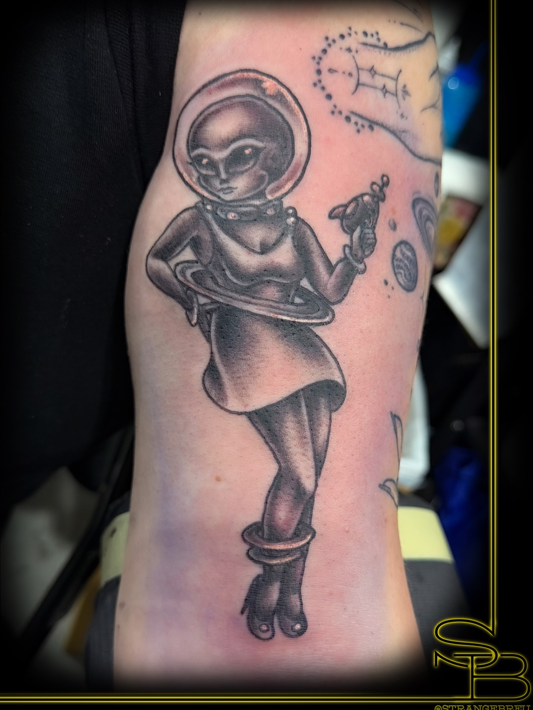 Tattoo by @strangebreu — black_and_grey