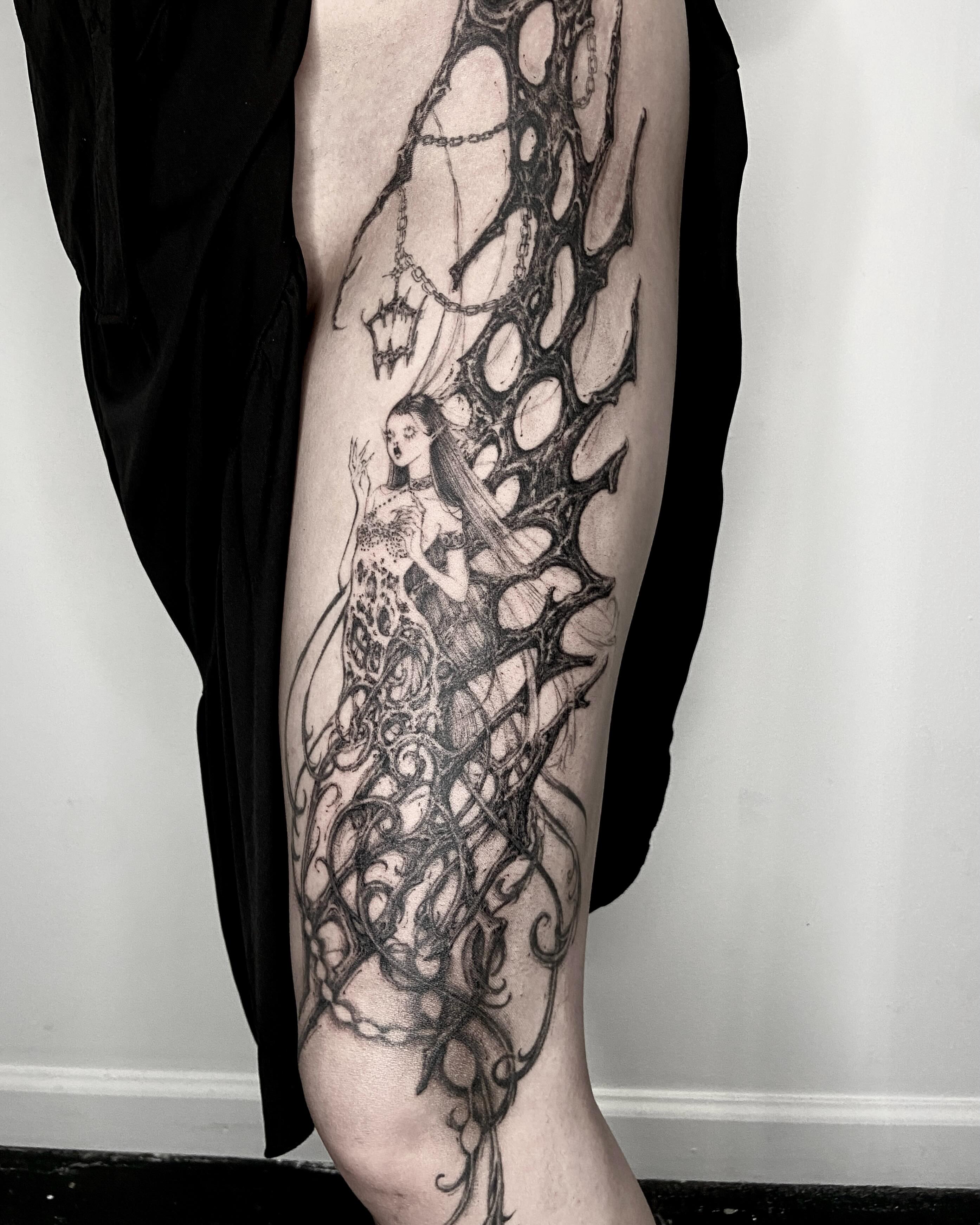 Mermaid illustrative tattoo on the leg by ༒ ₐₙ𝓰ₑₗₐ  ༒