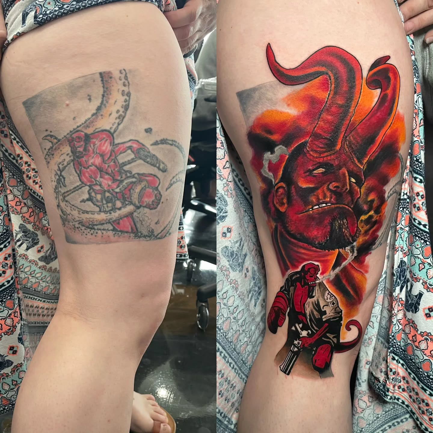 Hellboy dark realism tattoo on the thigh by Tivis Phillips