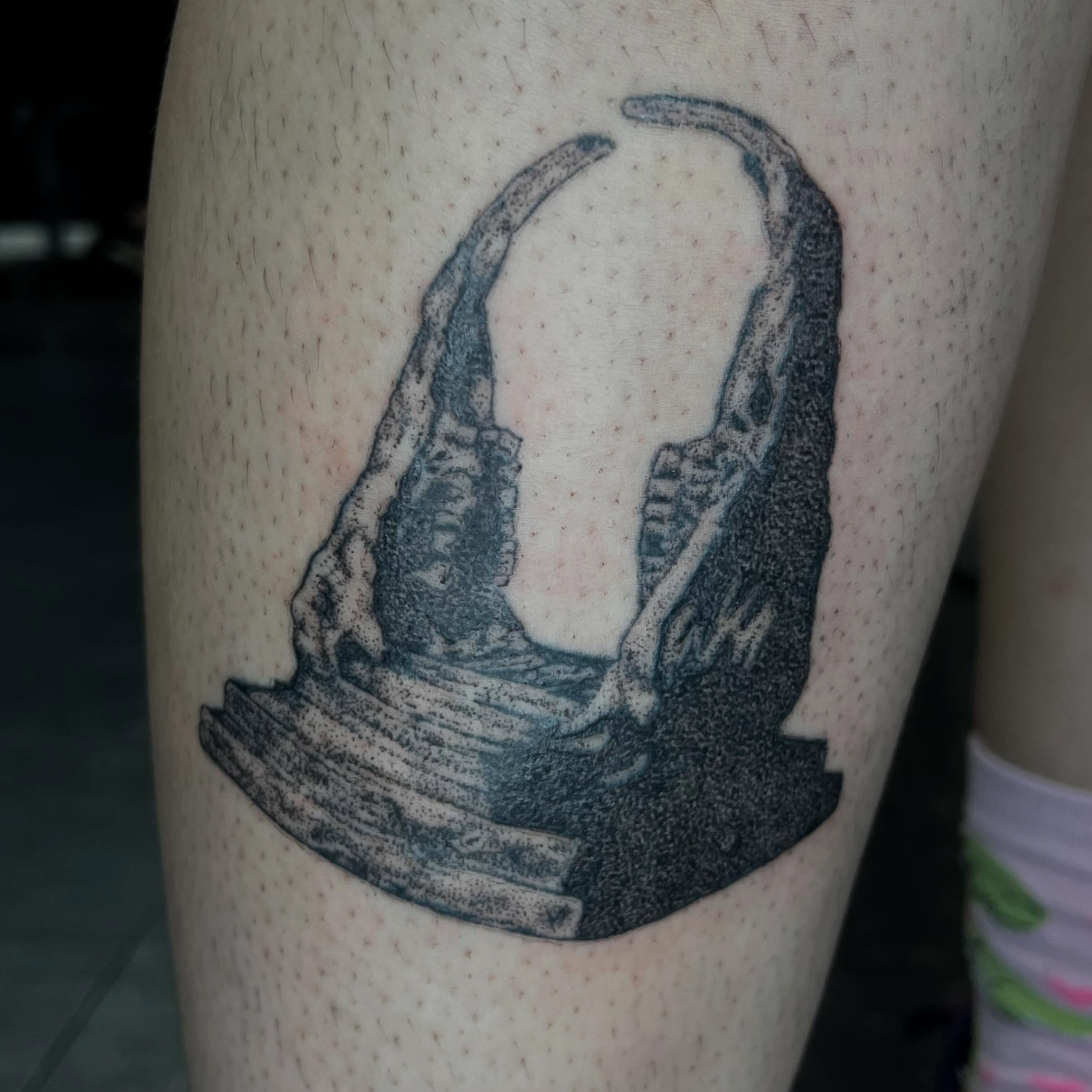 Staircase dotwork tattoo on the leg by ⁎⁺˳✧༚Emma
