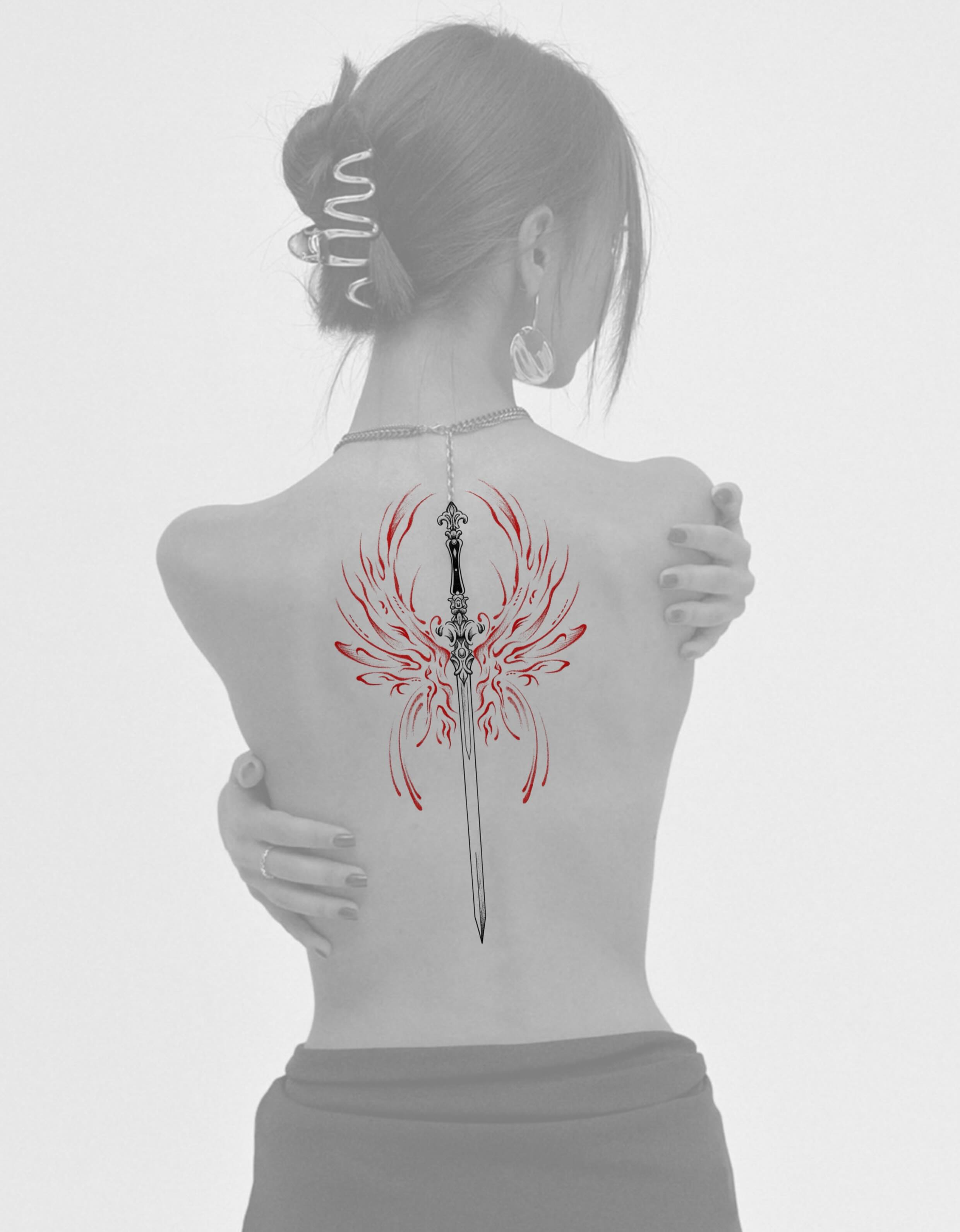 Sword with wings neo-traditional tattoo on the back by Ethan