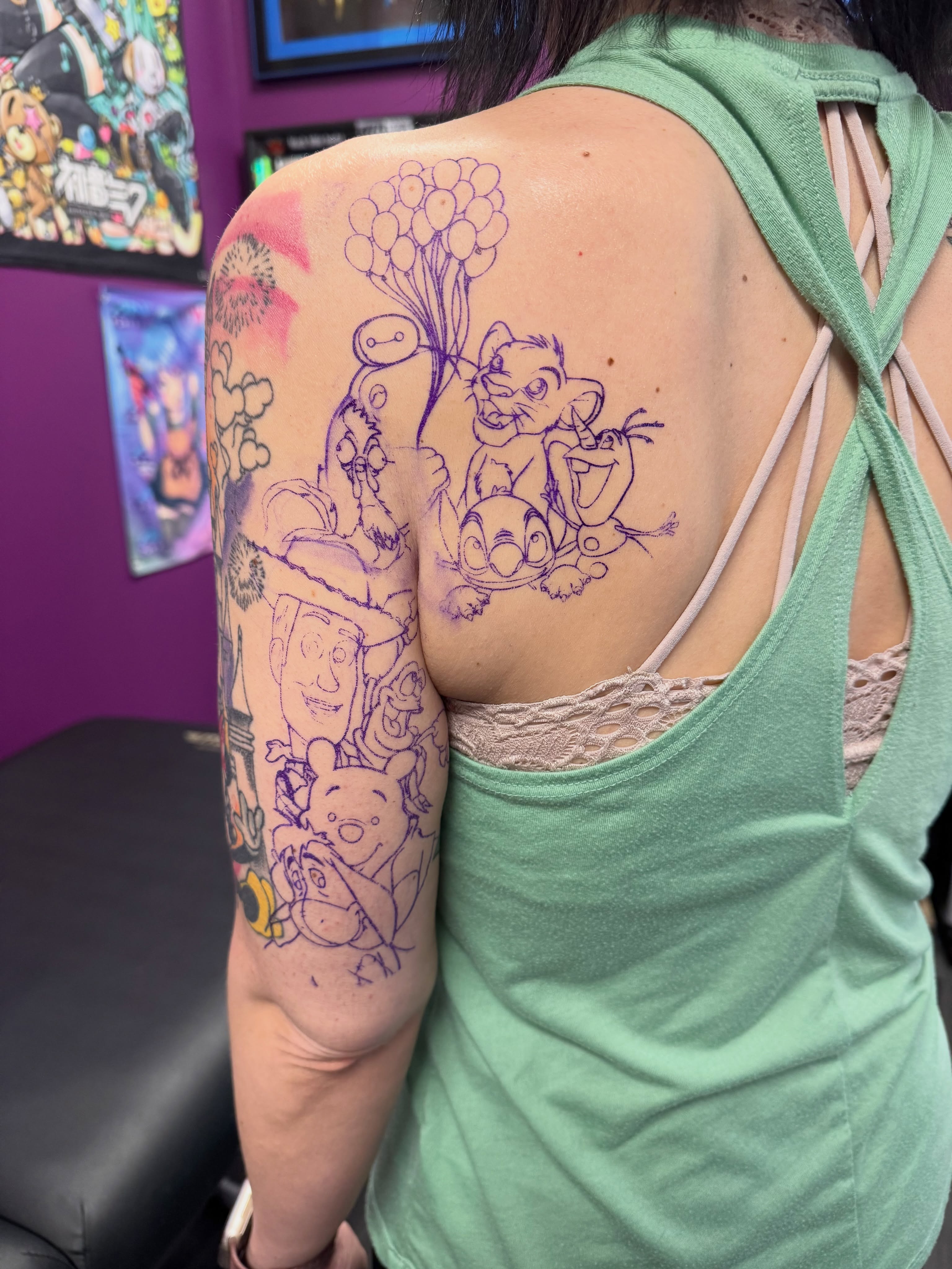 Disney characters dotwork tattoo on the shoulder by Jennifer Kovach, Gastonia, North Carolina