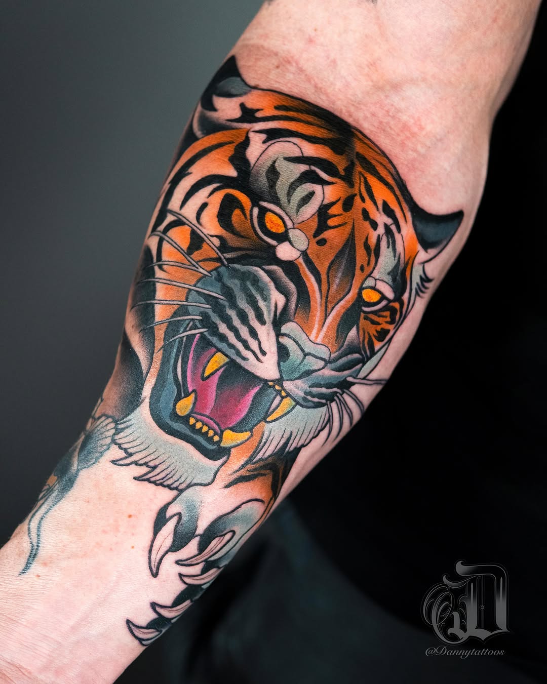 Tiger American traditional tattoo on the forearm by Danny Pando