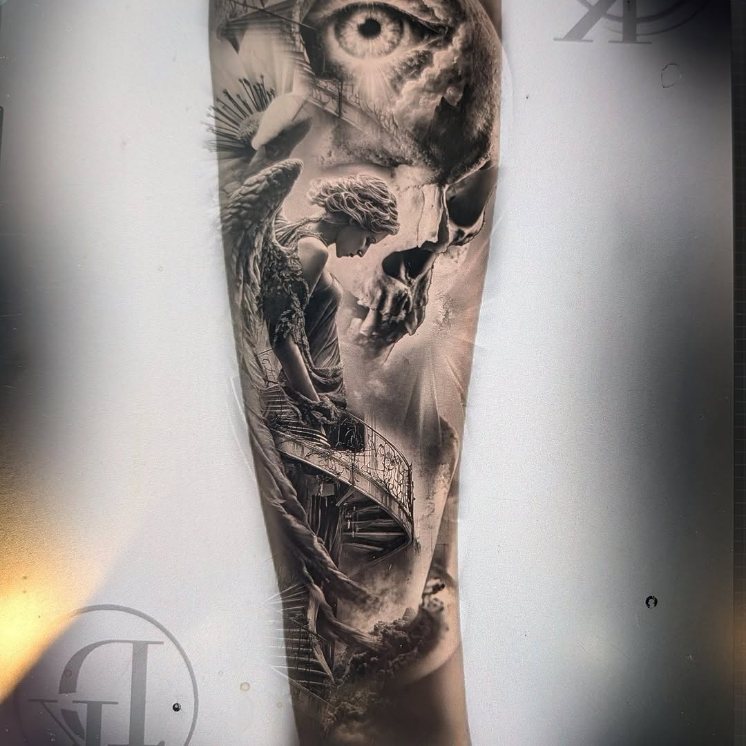 Angel and skull with staircase realism tattoo on the forearm by Drew King