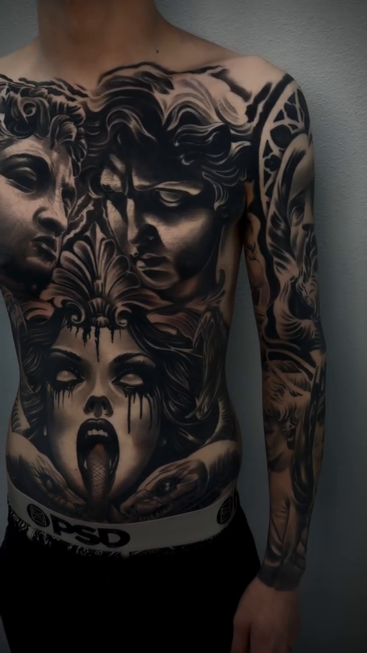 Tattoo by @angel_damiangg — dark_realism, black_and_grey