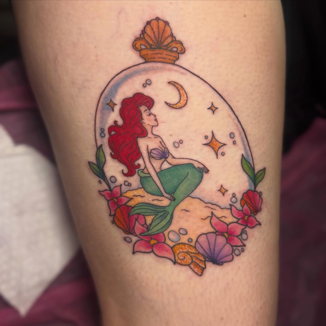 Mermaid new school tattoo on the thigh by Jada Reynolds