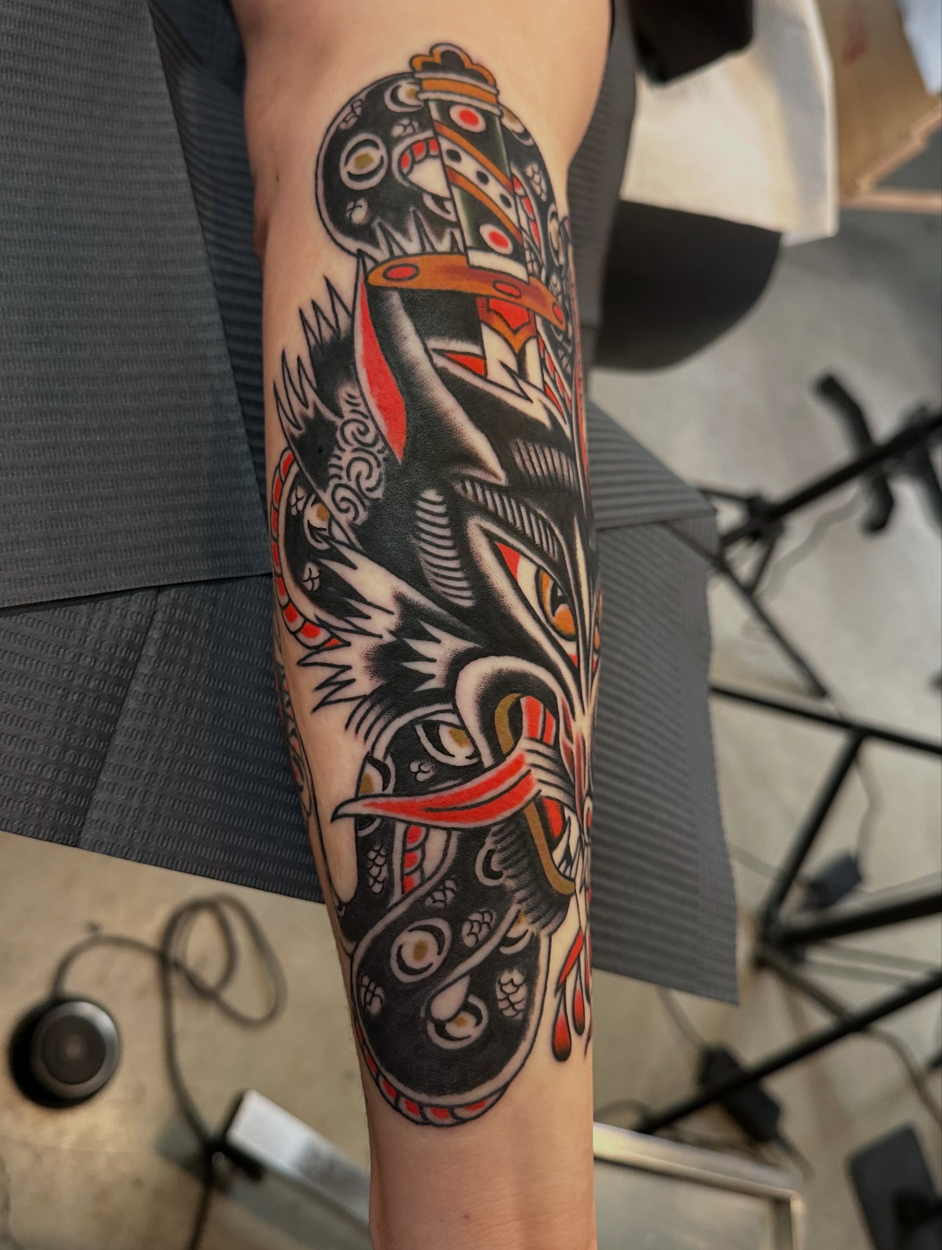 Raven American traditional tattoo on the forearm by A.j. Lingerfeldt, Nashville, Tennessee