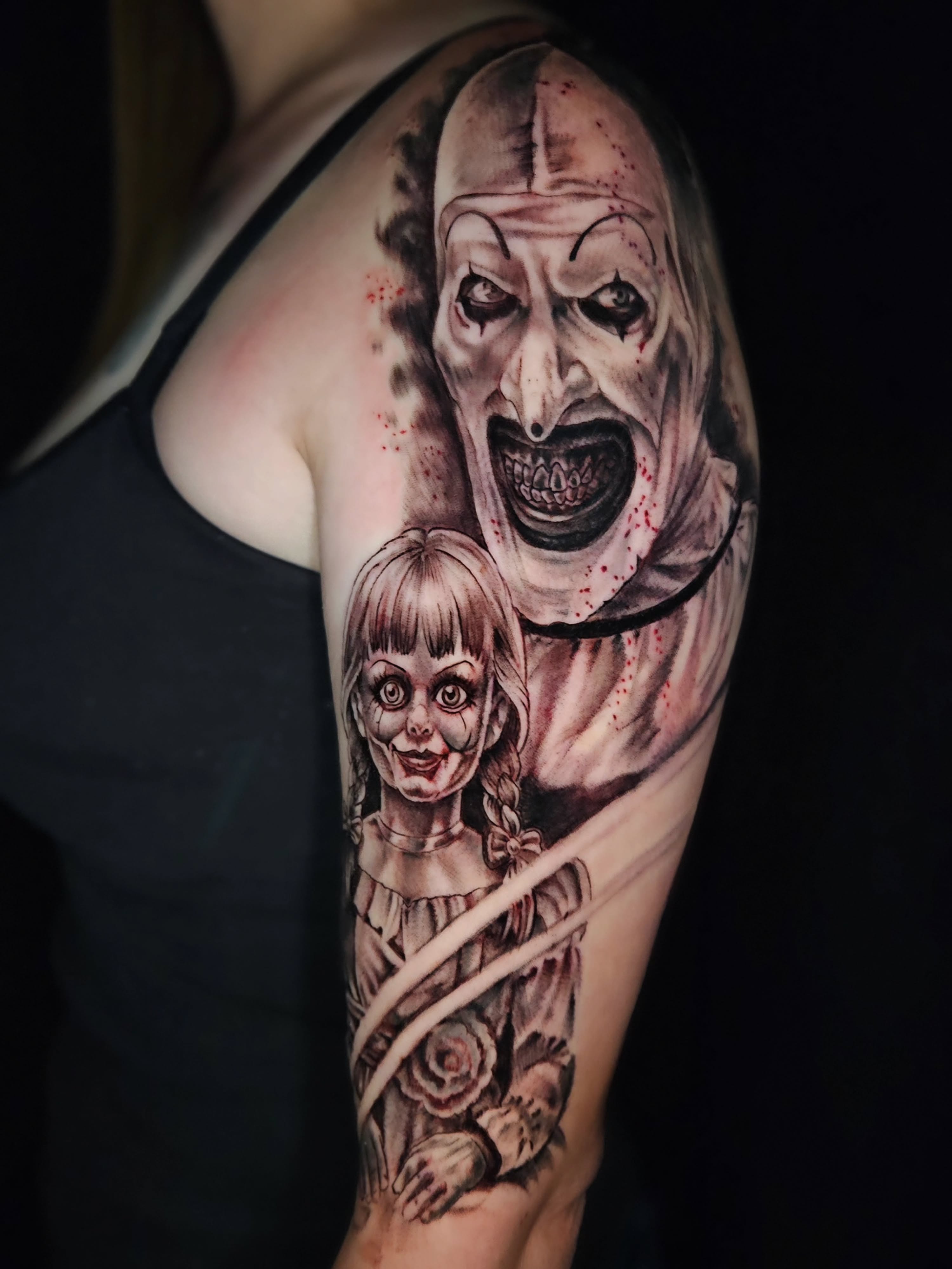 Annabelle and demon realism tattoo on the shoulder by Jo'el Acoba