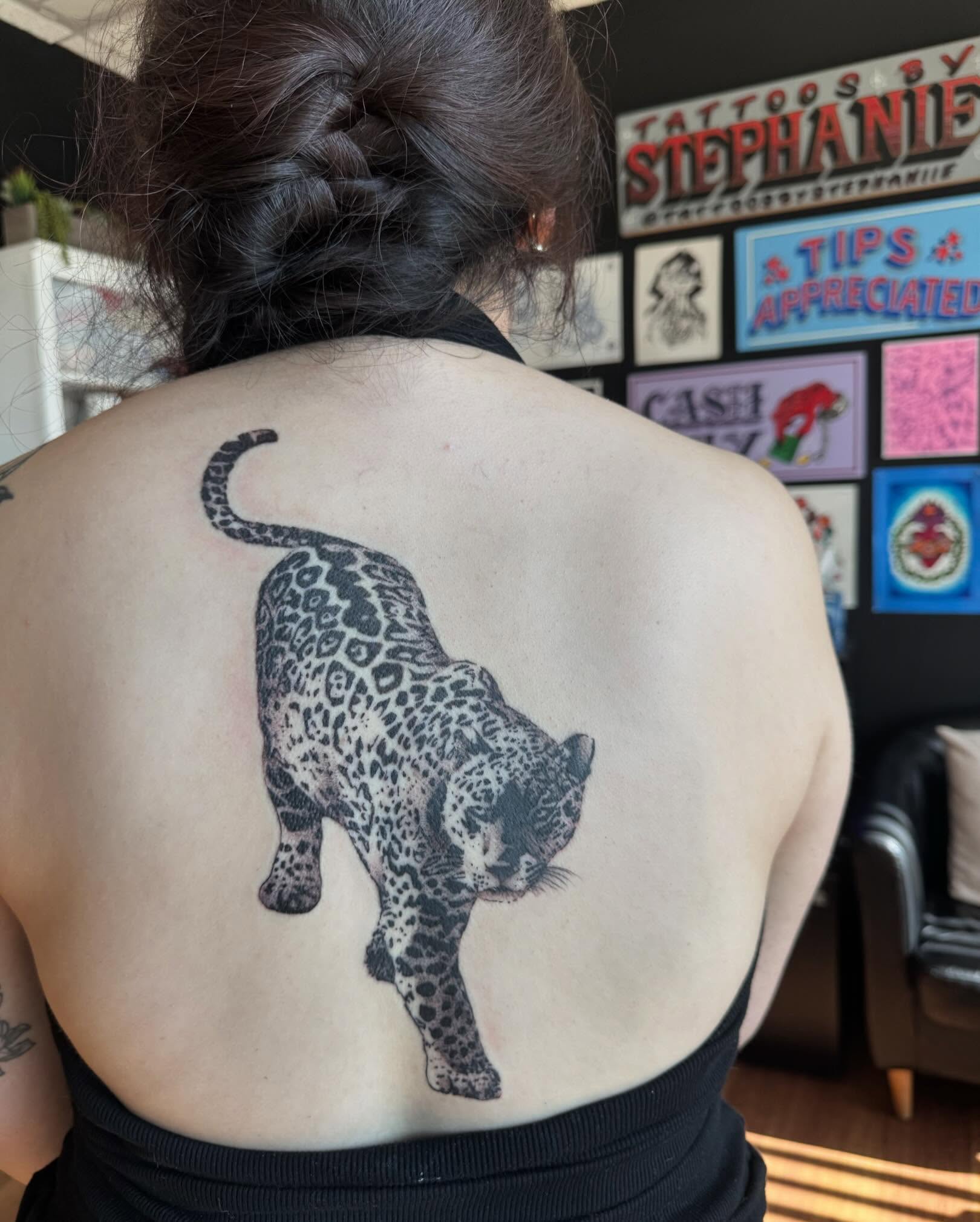 Leopard black and grey tattoo on the back by Tattoo, San Diego, California