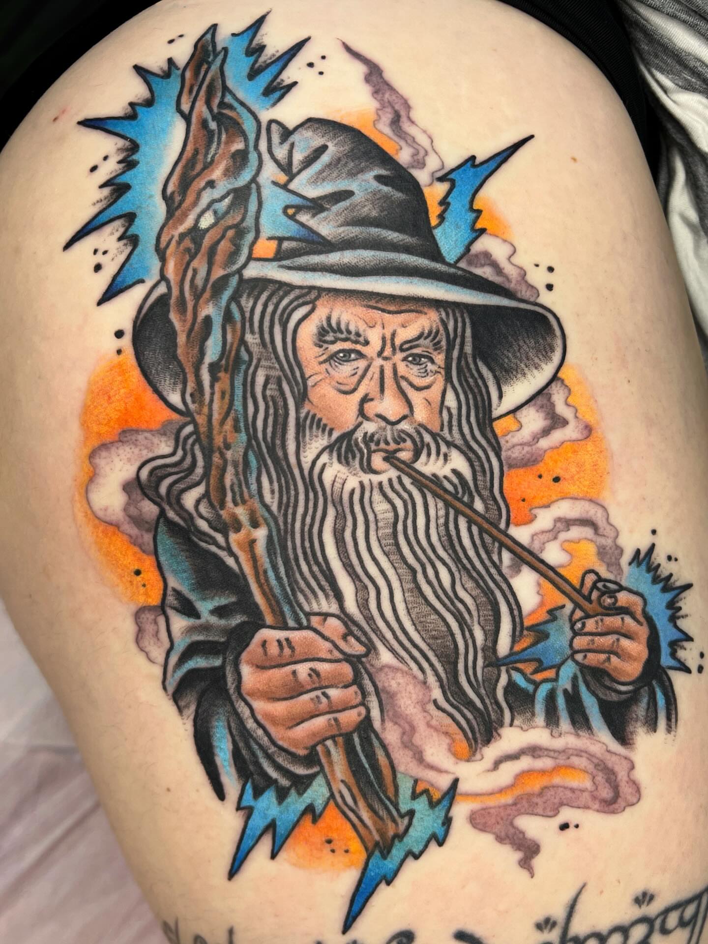 Wizard American traditional tattoo on the thigh by Leo 🌞 Pdx Tattoo