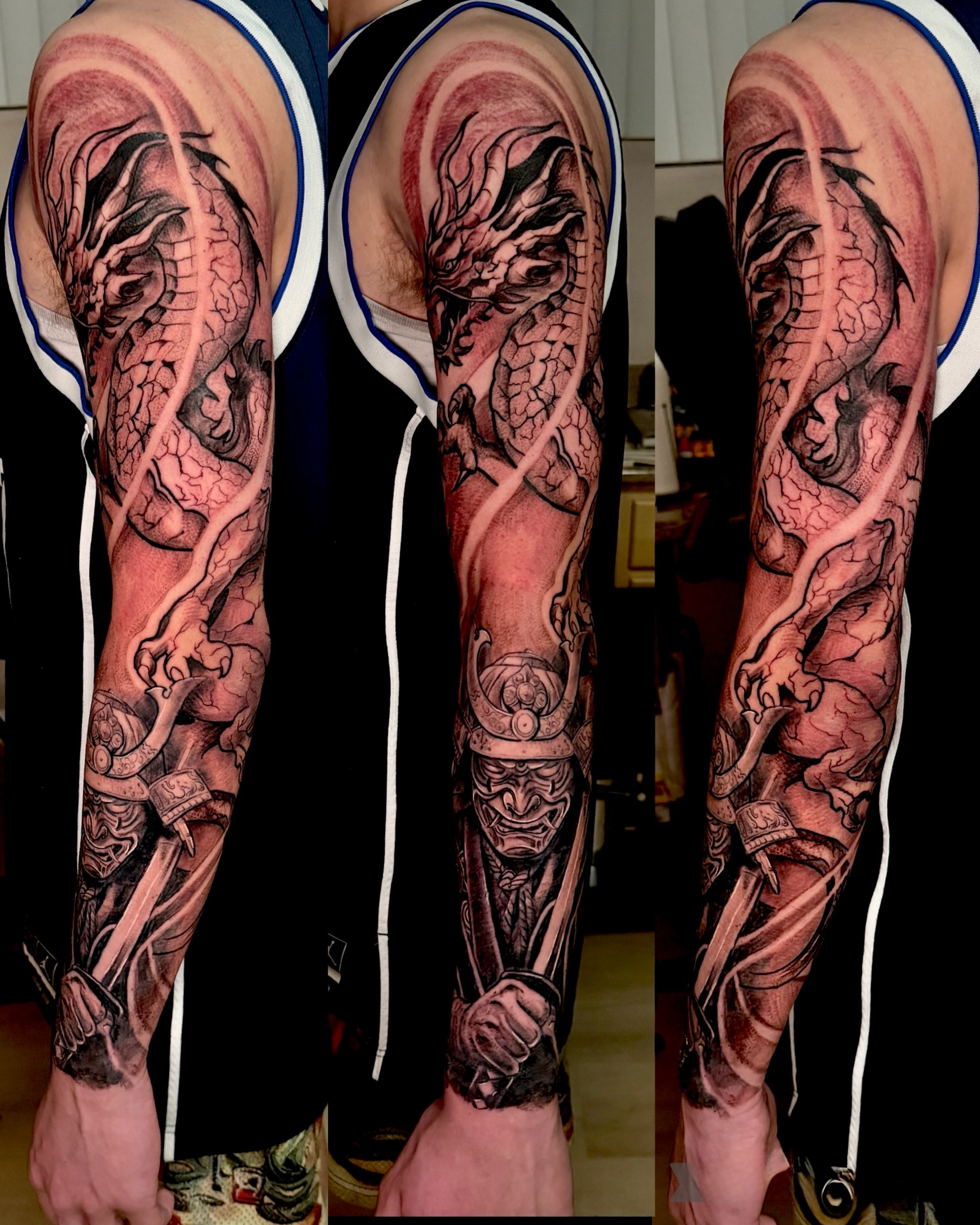 Dragon and samurai helmet japanese irezumi tattoo on the forearm by Caloy Obra