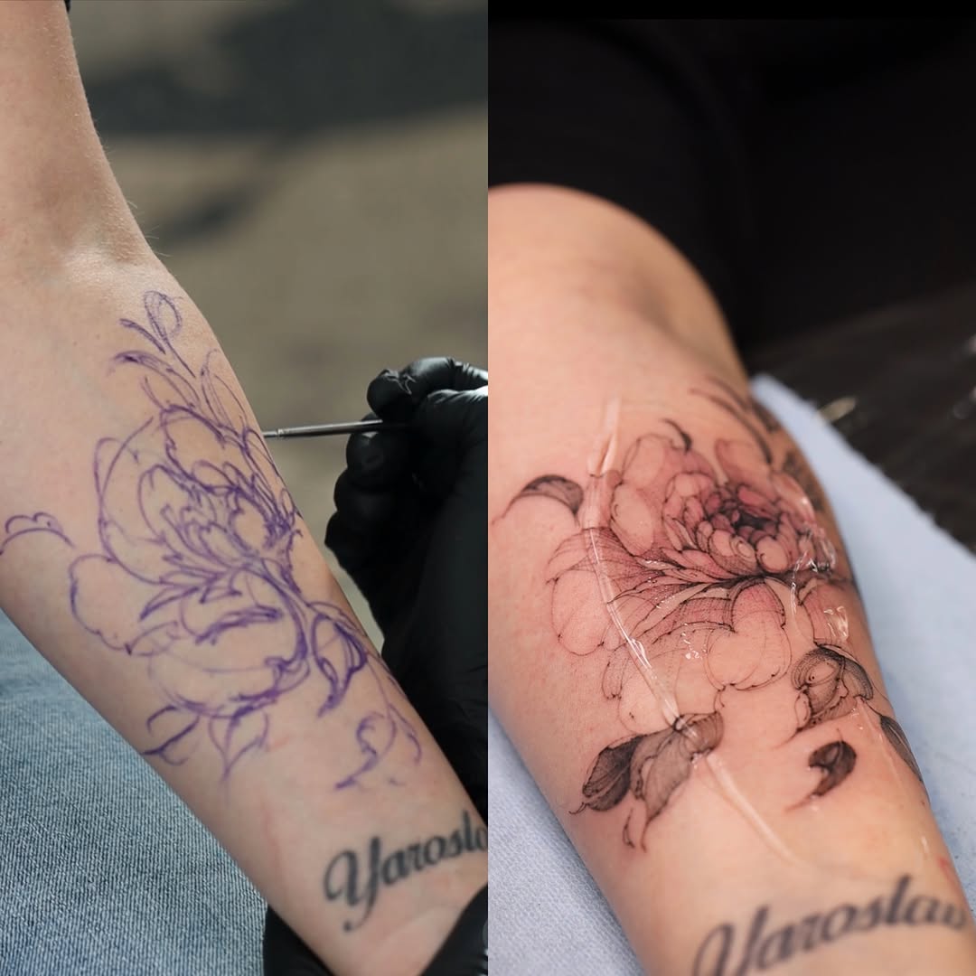 Peony new school tattoo on the forearm by Maria