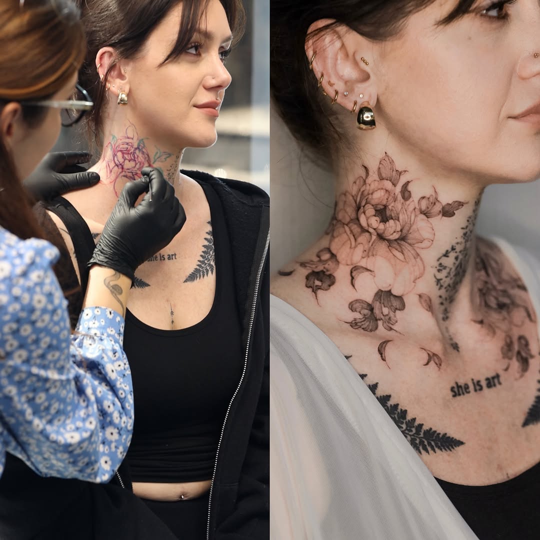 Floral realism tattoo on the neck by Maria