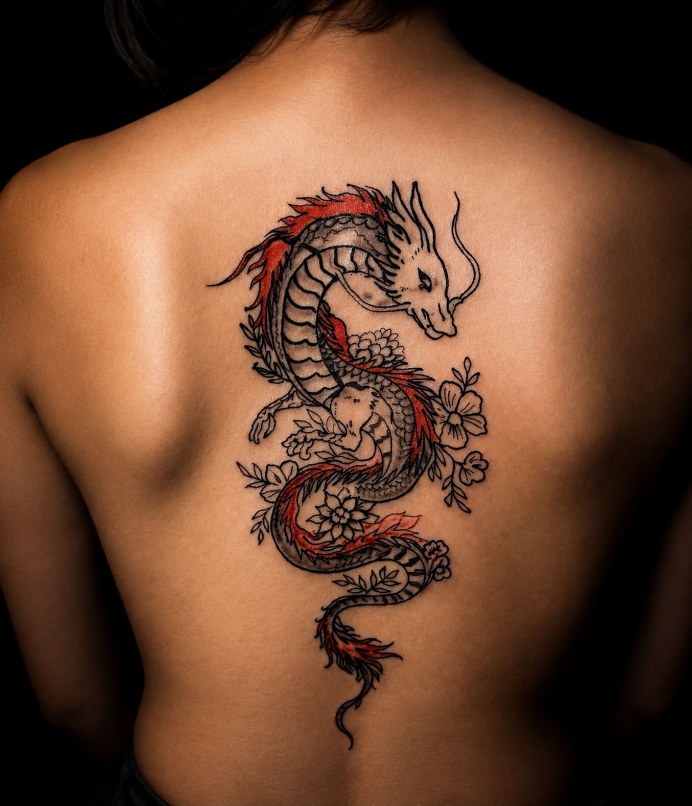Dragon and flowers japanese irezumi tattoo on the back by Montero Ink™