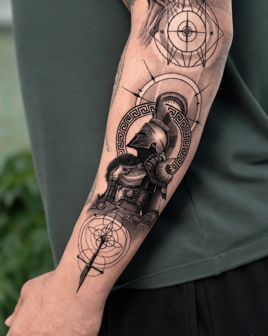 Ancient warrior realism tattoo on the forearm by Dopamine