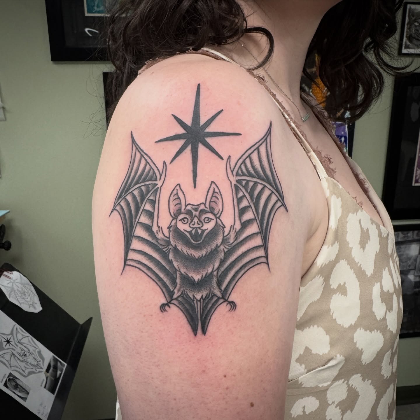 Bat black and grey tattoo on the shoulder by Joel Smith, Manhattan, Kansas