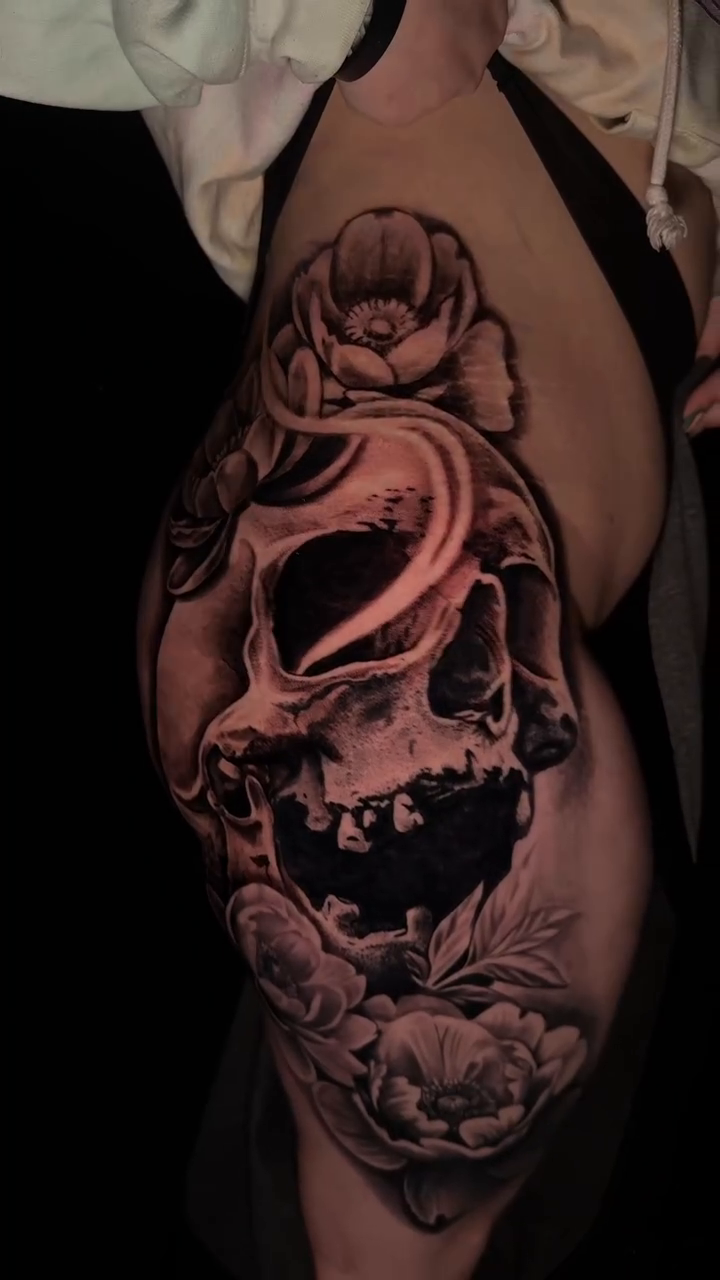 Skull with roses and peonies dark realism tattoo by inkzombi