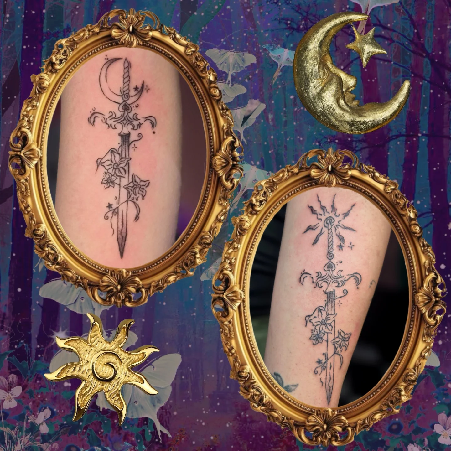 Sword and crescent moon neo-traditional tattoo on the forearm by π΅ππππ§π»ββοΈβΛκ©ο½‘β