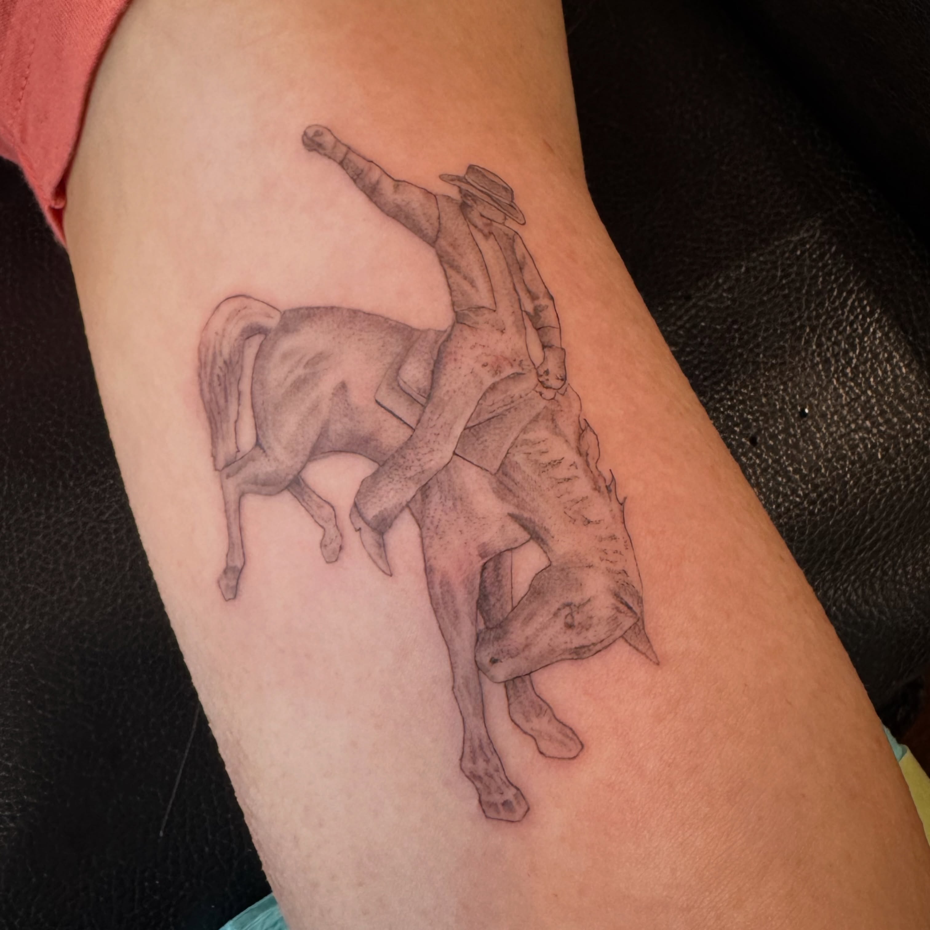 Cowboy riding horse black and grey tattoo on the forearm by 𝕷𝖚𝖎𝖘 𝕲ü𝖊𝖗𝖊𝖈𝖆
