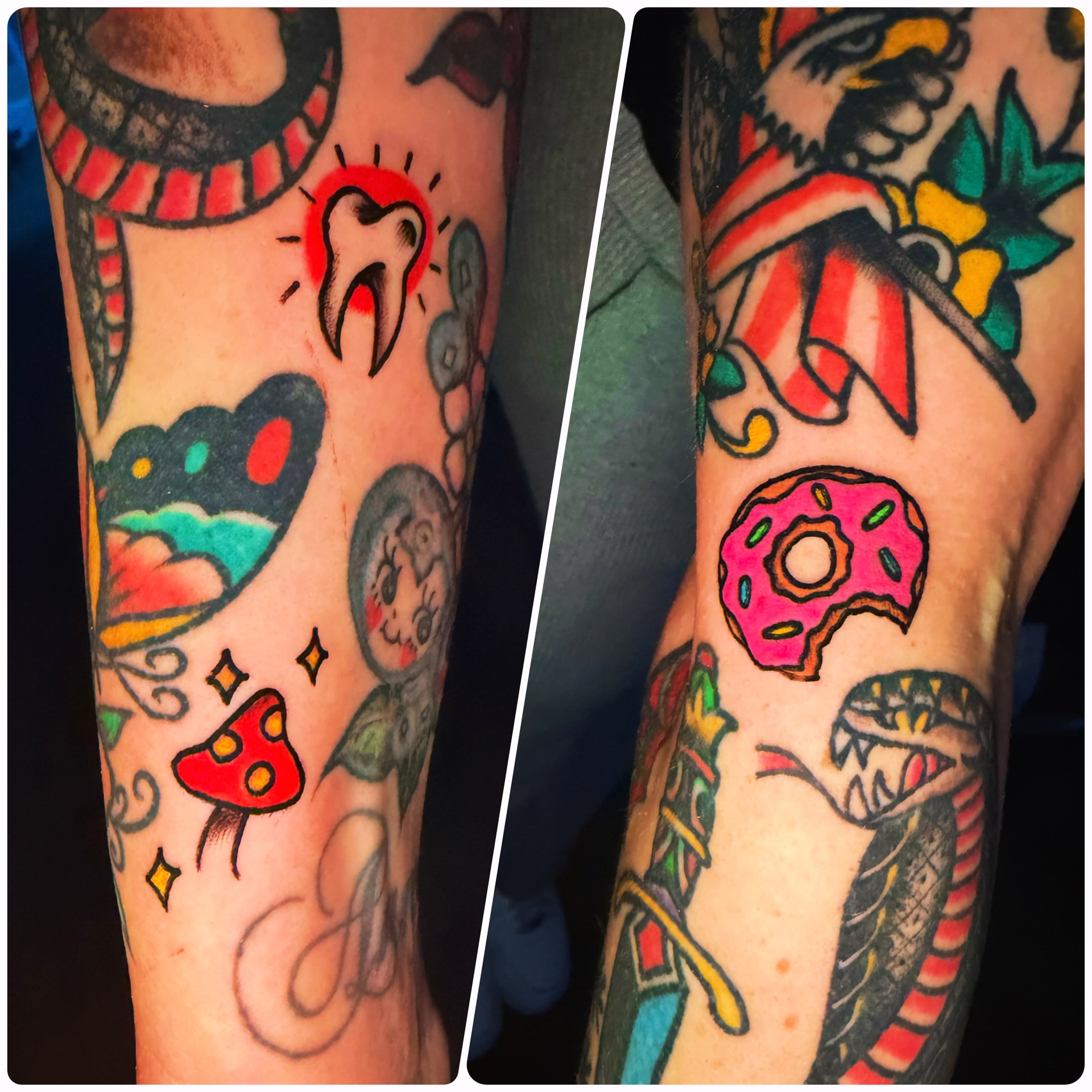 Donut American traditional tattoo on the forearm by Drew’s Tattoos (NH)