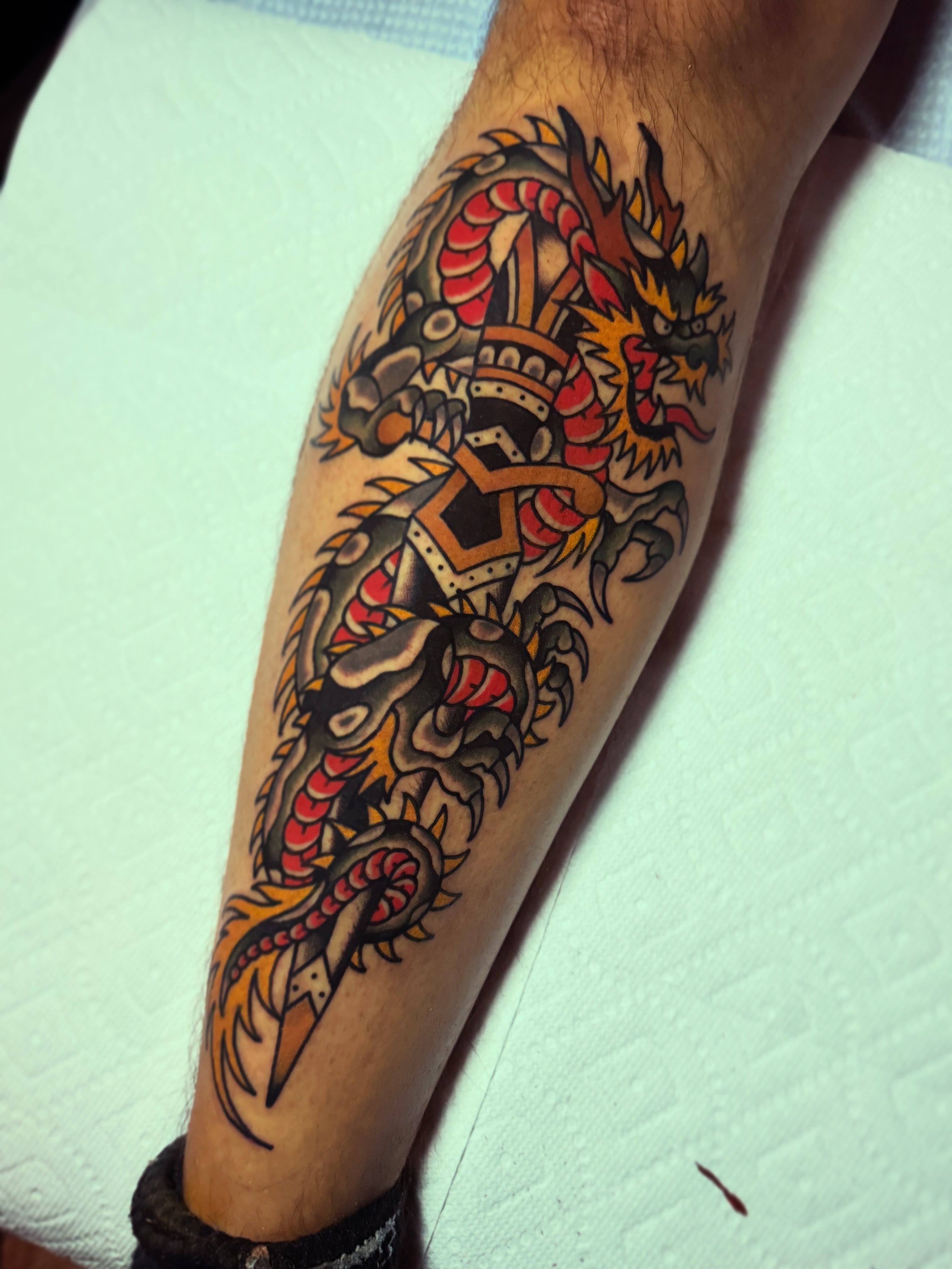 Dragon American traditional tattoo on the forearm by K y l e   M a c K e n z i e, Salem, Massachusetts