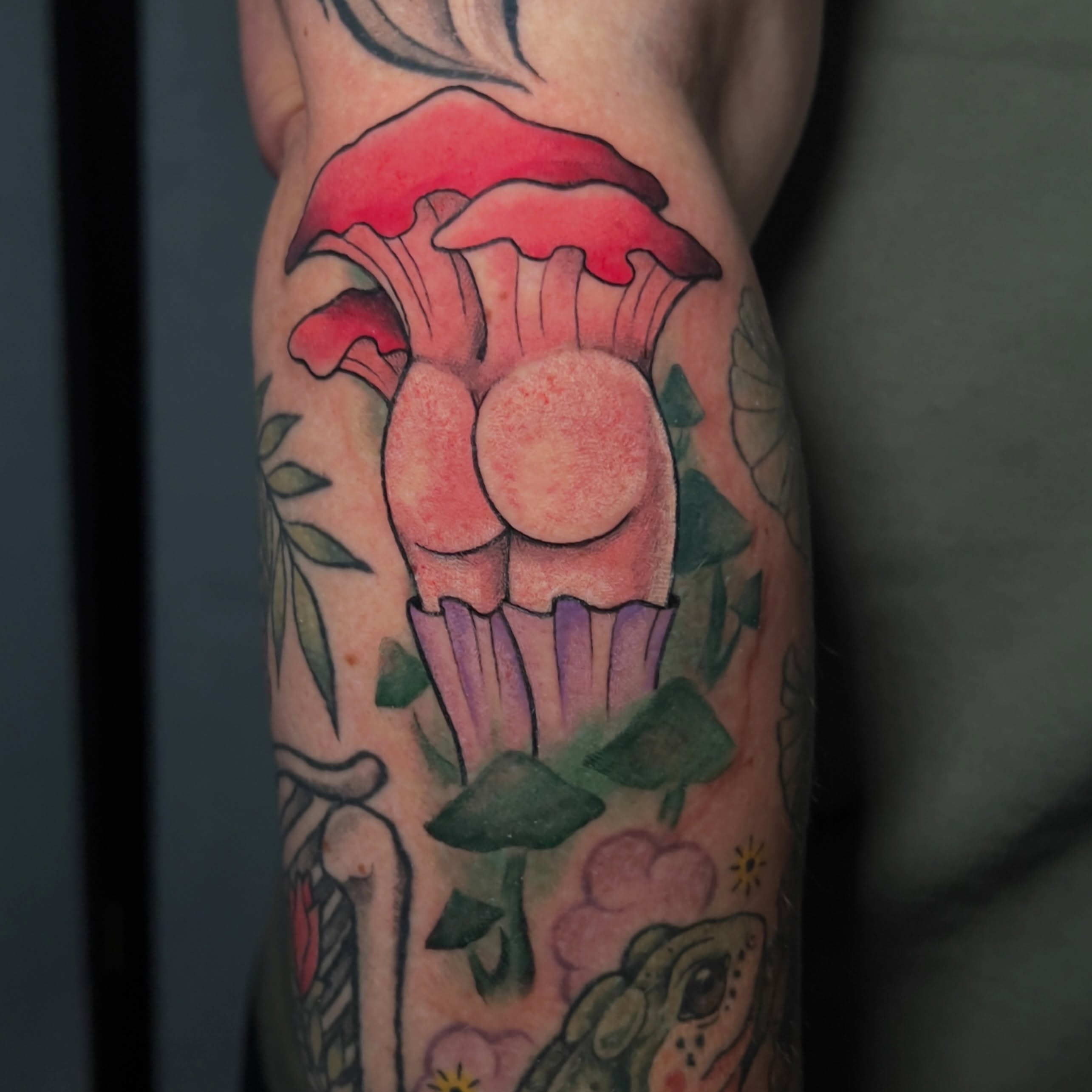 Mushroom American traditional tattoo on the forearm by Blu