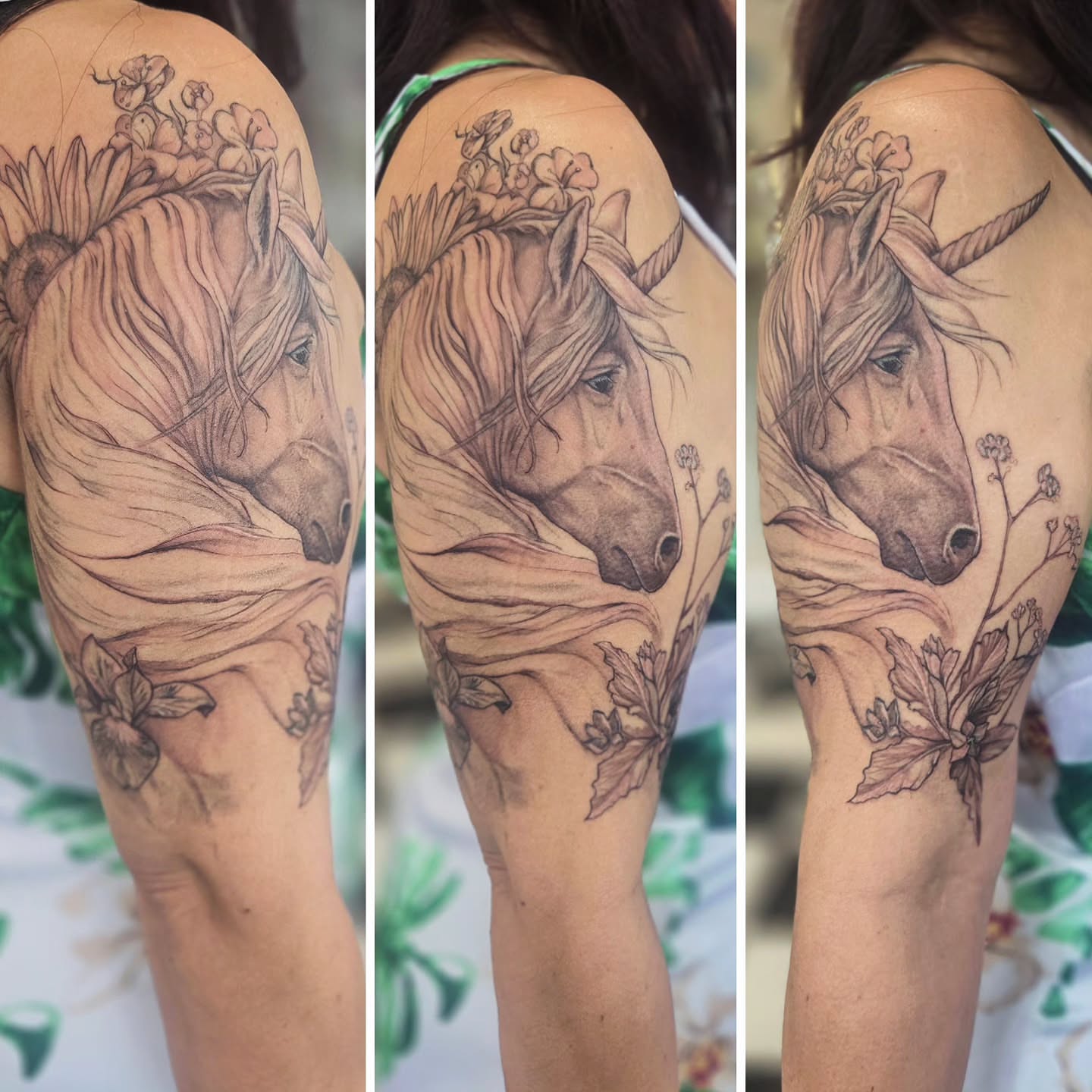 Unicorn realism tattoo on the shoulder by Molly DeSmedt