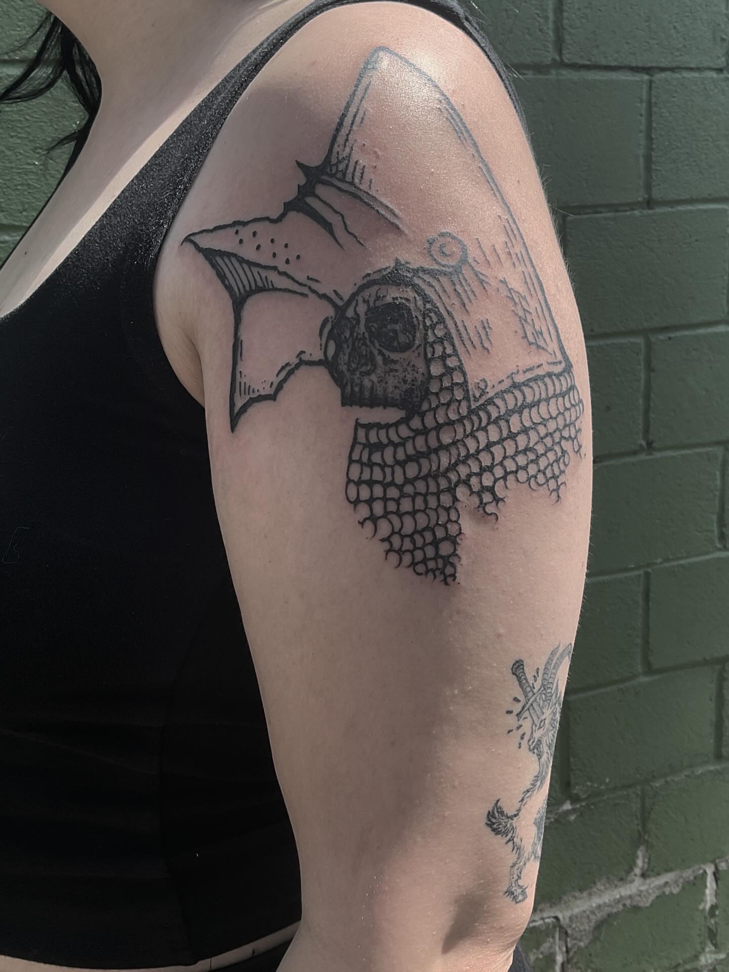Bat skull black and grey tattoo on the shoulder by ๐ญ๐๐๐๐
