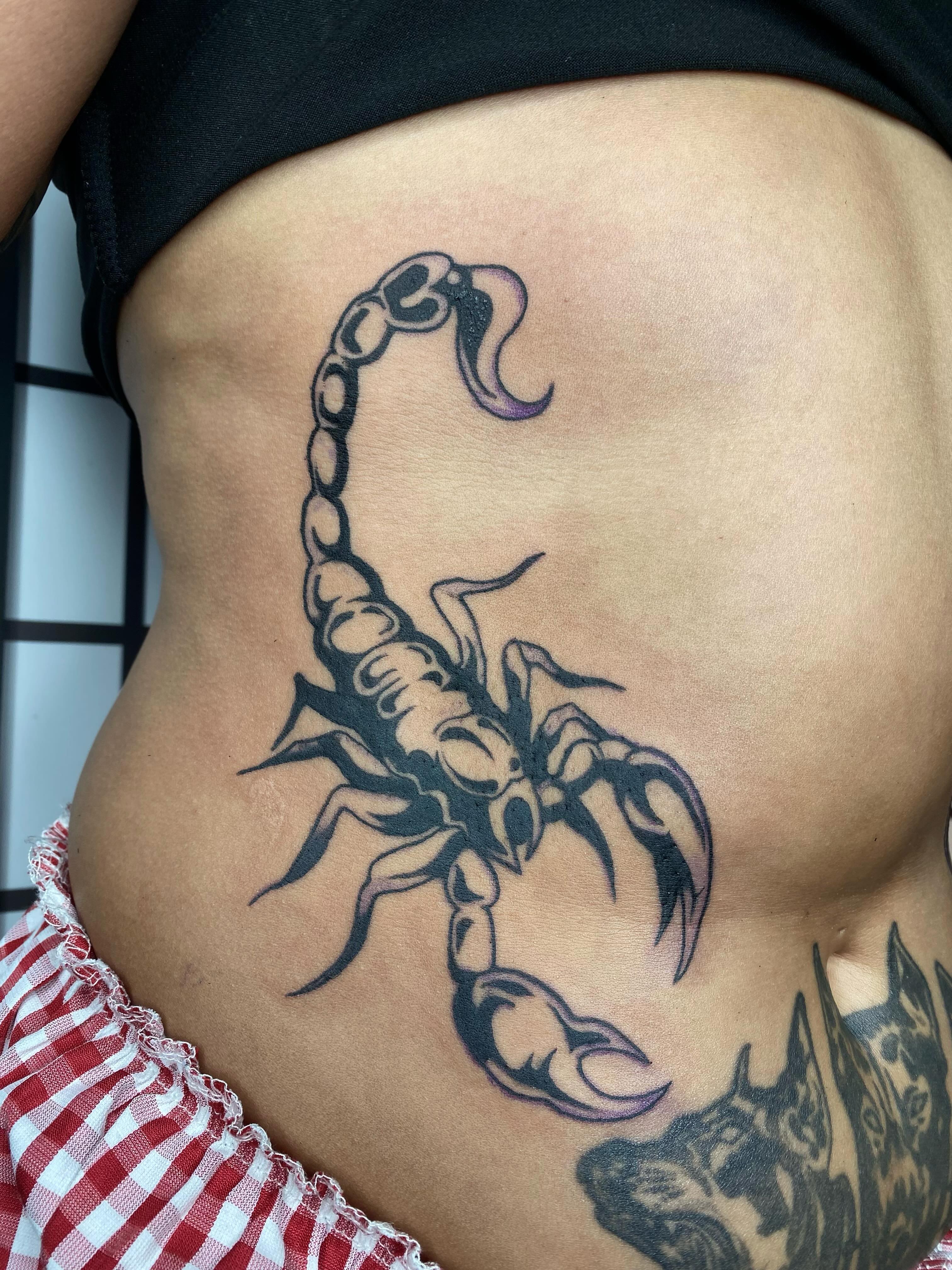 Scorpion black and grey tattoo on the torso by sarah 🗝️