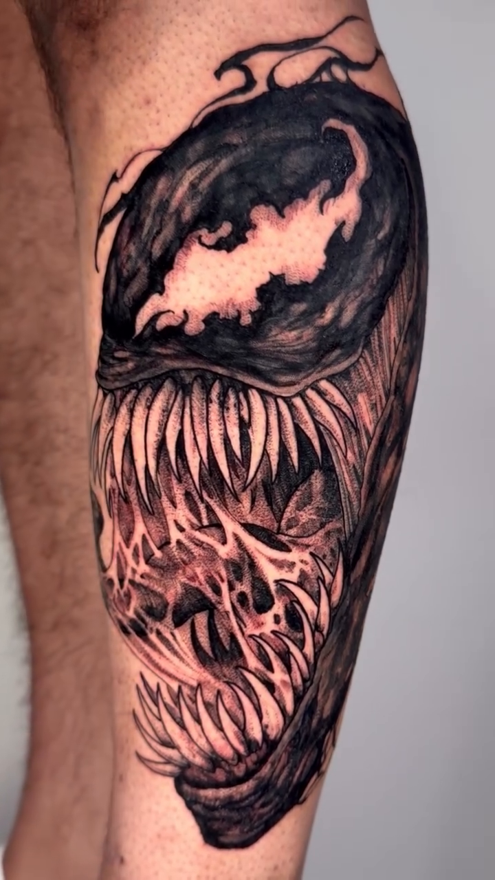 Venom portrait realism tattoo on the forearm by ⚔ Dylan Smith ⚔, Richmond, Virginia