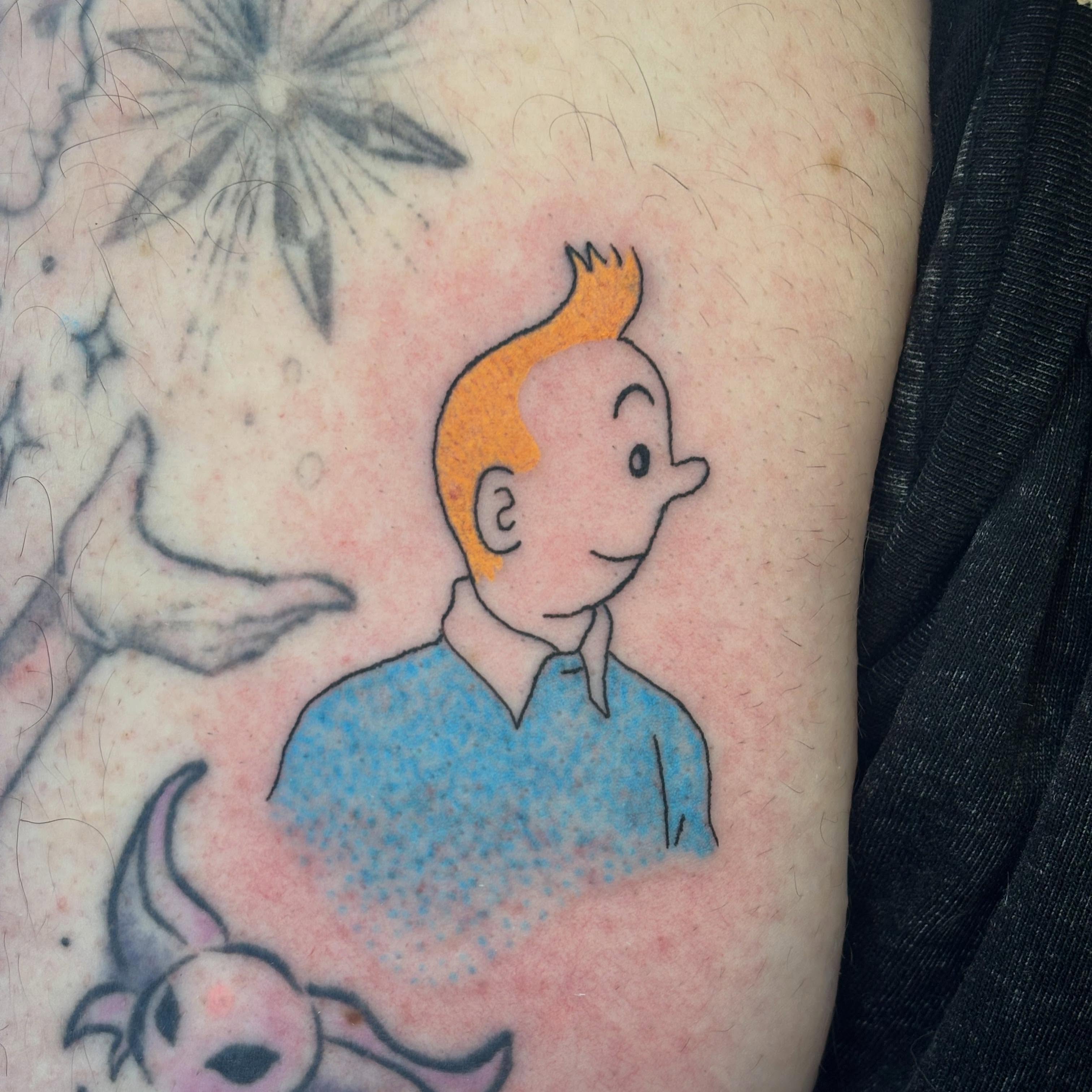 Tintin dotwork tattoo on the forearm by ☠️mikauley☠️