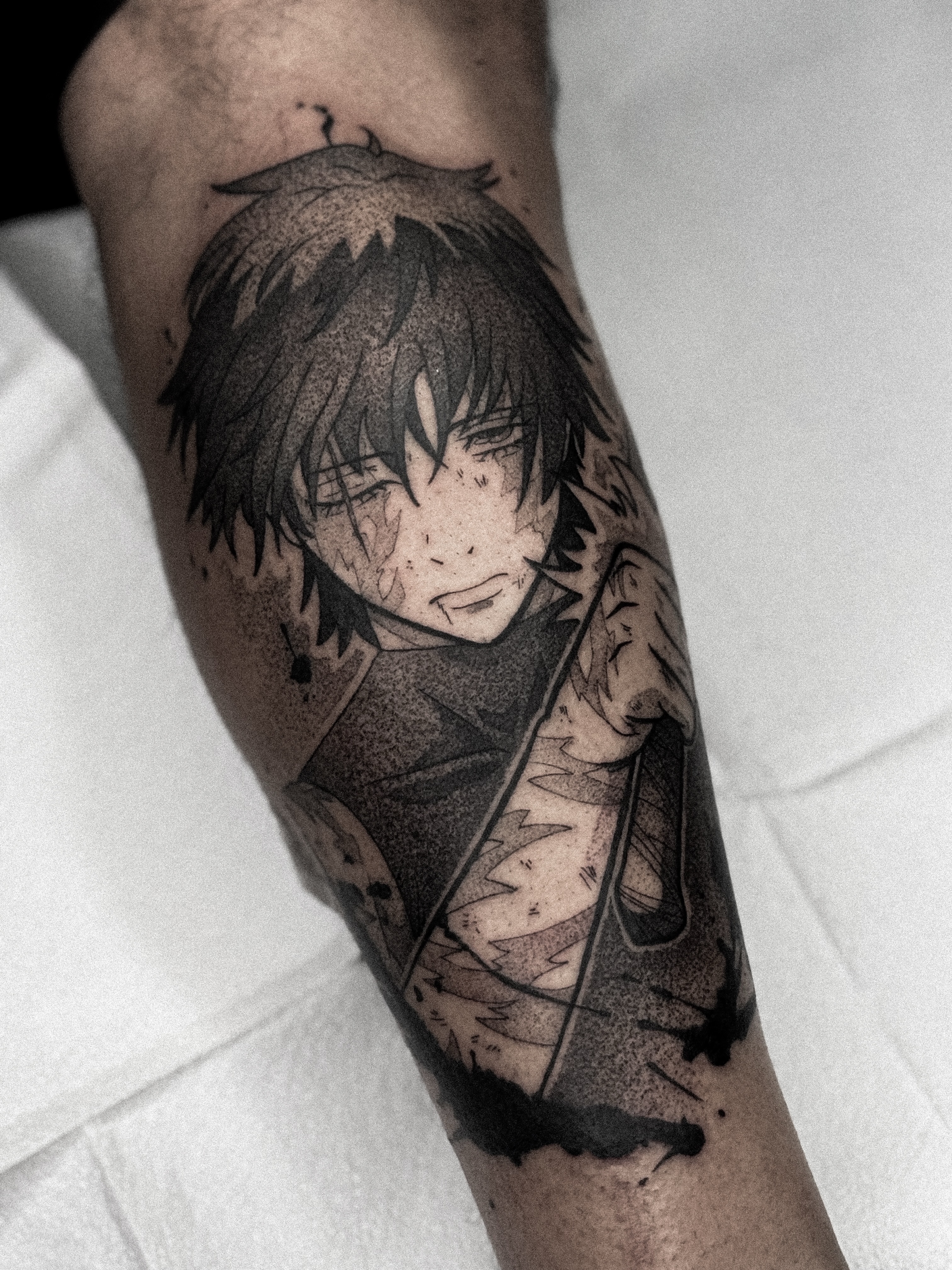 Anime character dotwork tattoo on the forearm by Dane Bezeau