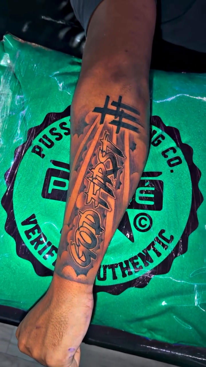 Religious imagery with lettering realism tattoo by Atlanta Tattoo Artist βπ½