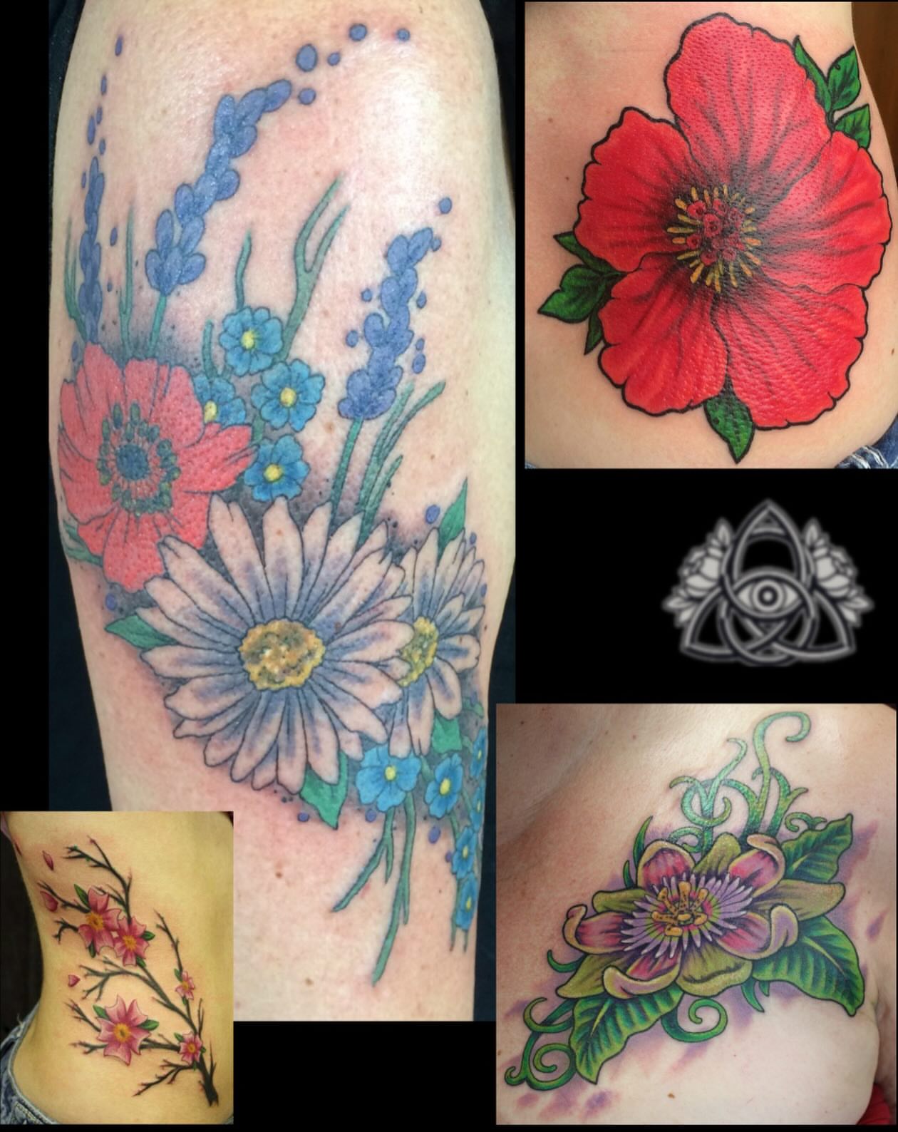 Floral bouquet new school tattoo on the upper arm by Michael - Tattoo Garden Everett, Everett, Washington