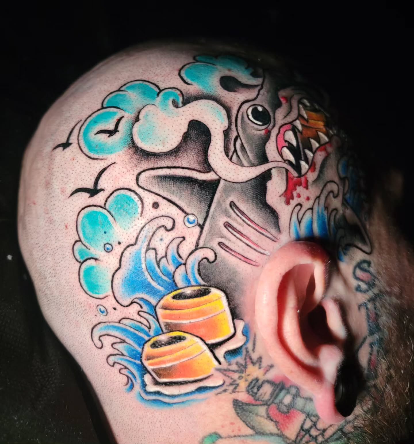 Whale and tea pots American traditional tattoo on the head by Randyz Tattyz