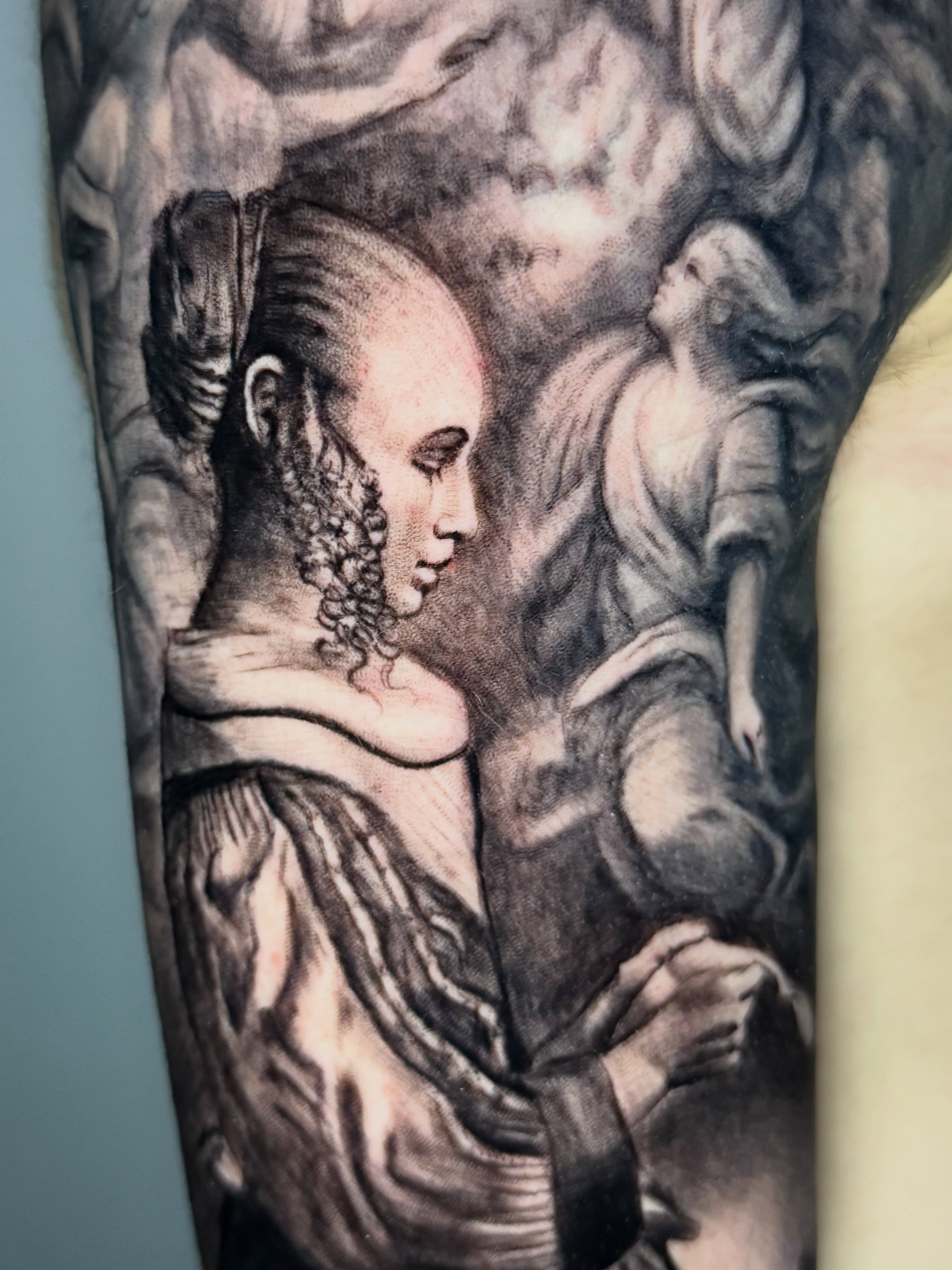 Portrait realism tattoo on the forearm by Morgan Andres Soto