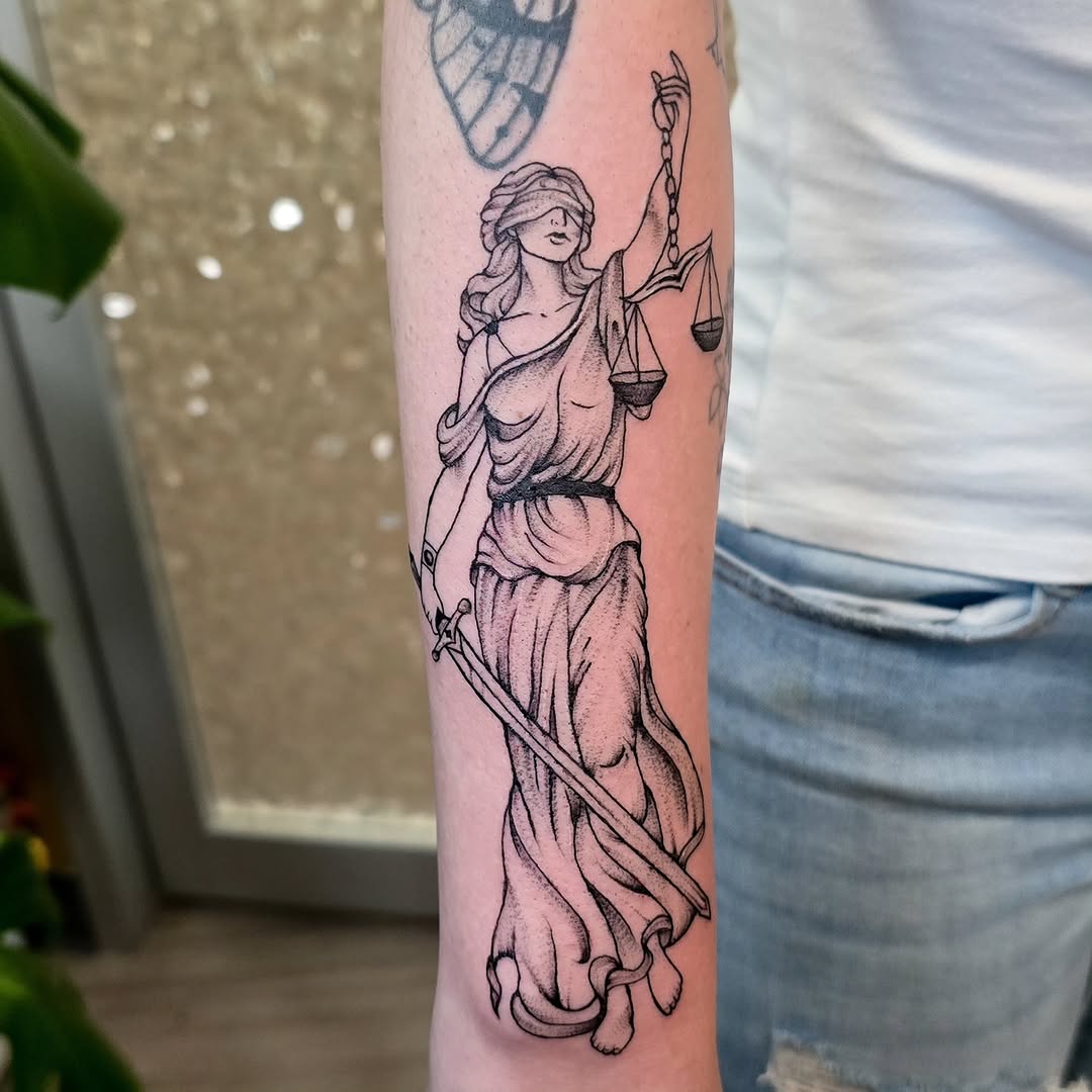Lady Justice dotwork tattoo on the forearm by Hope 🌙, Cincinnati