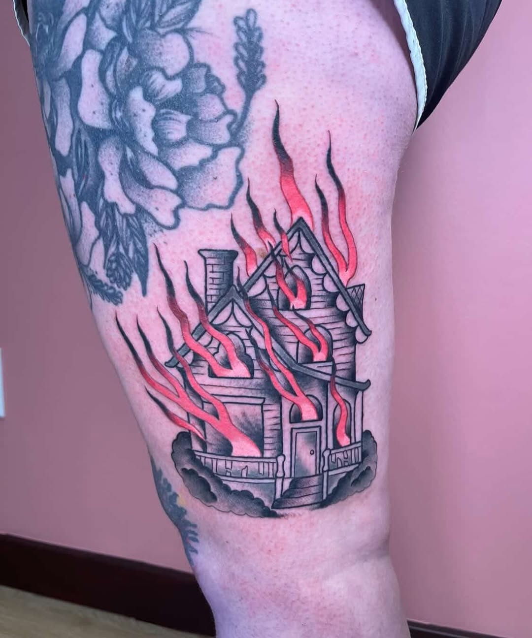 Burning house surrealism tattoo on the thigh by ๐Miss Ash Masloff (Mrs.Waritz)๐