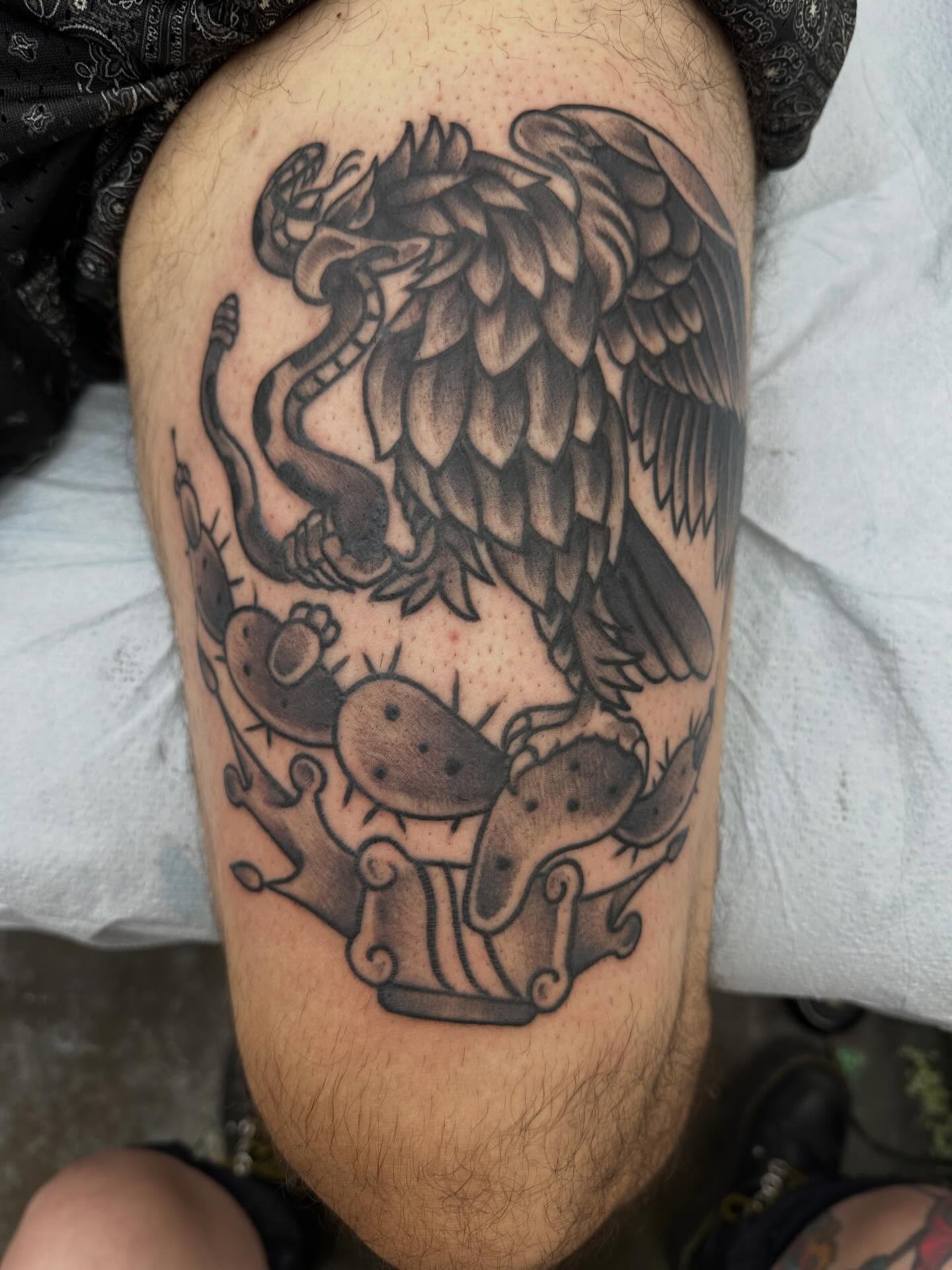 Eagle and cactus black and grey tattoo on the thigh by mychaela ๐ฑ