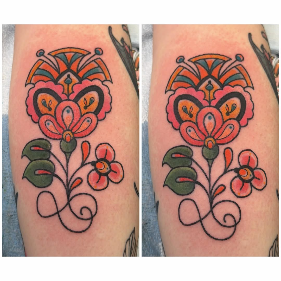 Floral design new school tattoo on the forearm by Andrea Lynne Hastings-Craven Tattoo Artist, Cleveland, Ohio