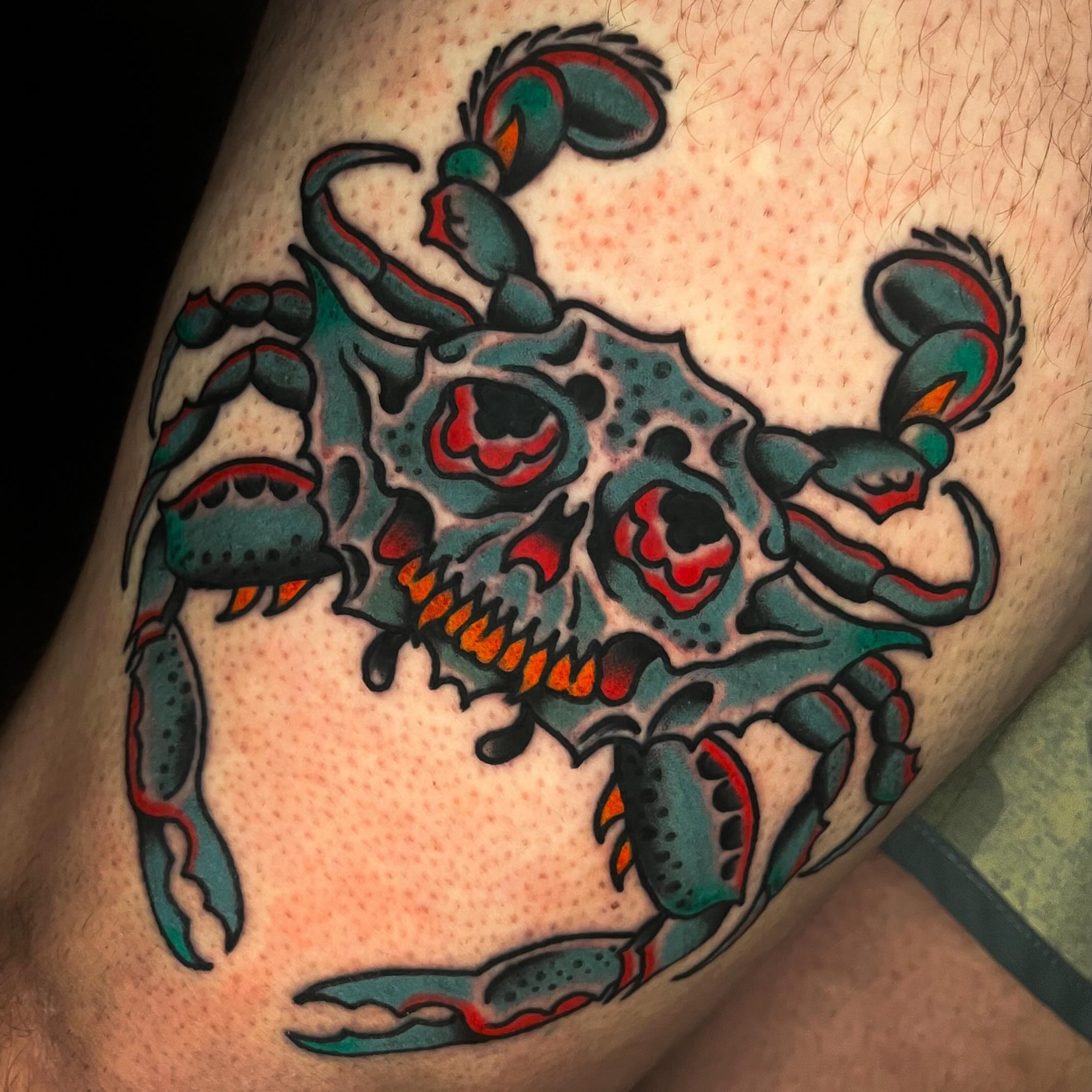Crab American traditional tattoo on the thigh by Sky G, Colorado Springs, Colorado