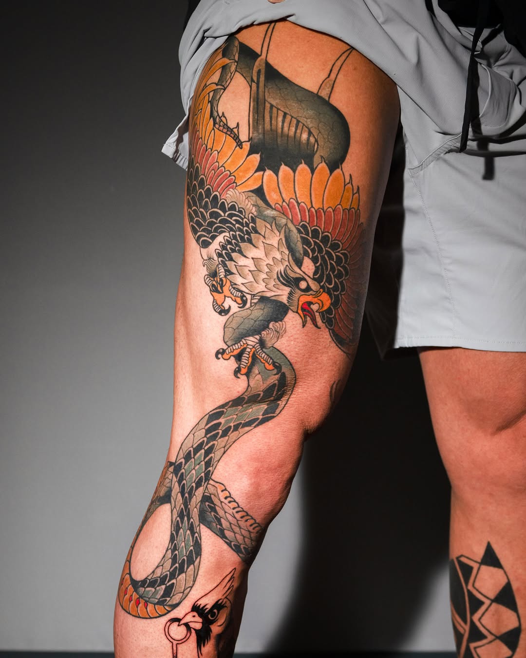 Dragon and snake japanese irezumi tattoo on the thigh by Danny Pando