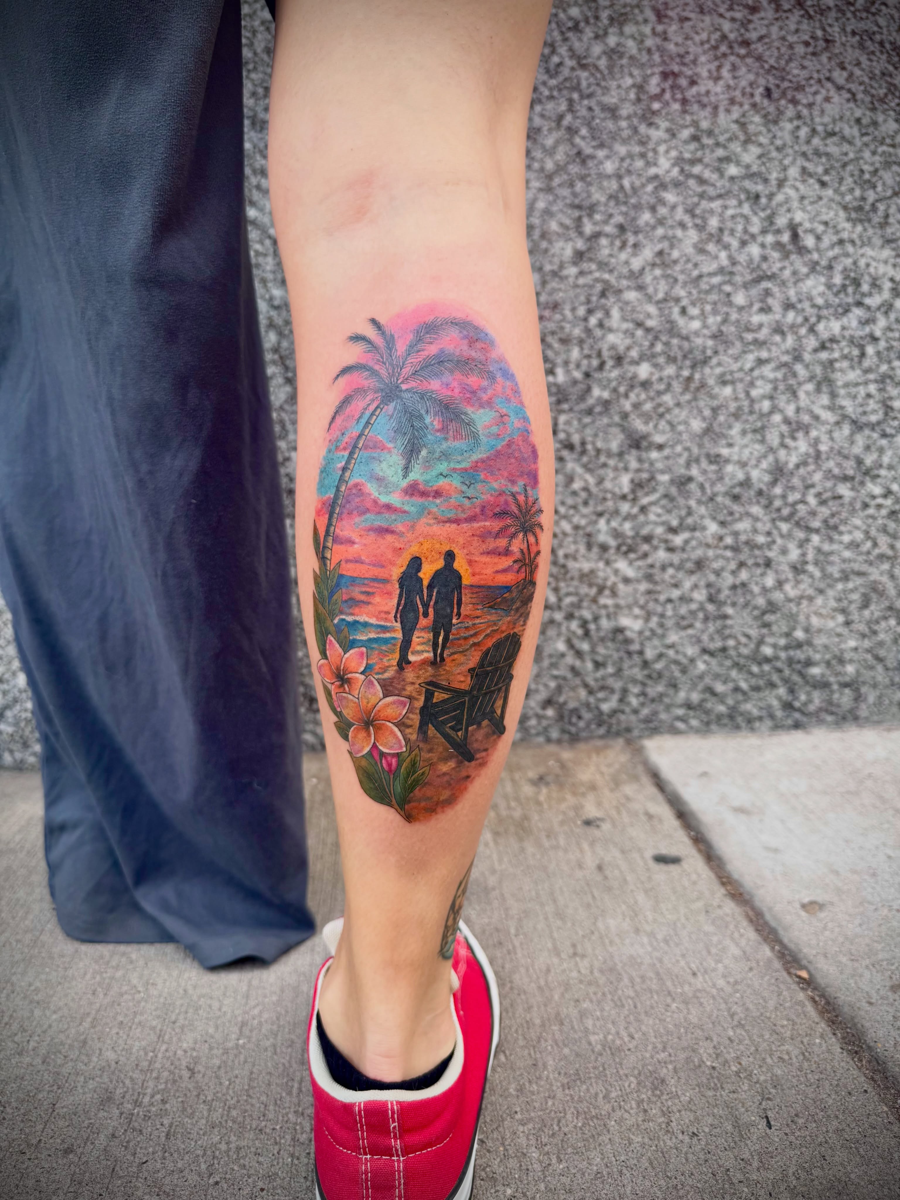 Beach sunset couple new school tattoo on the calf by Kylie Allen