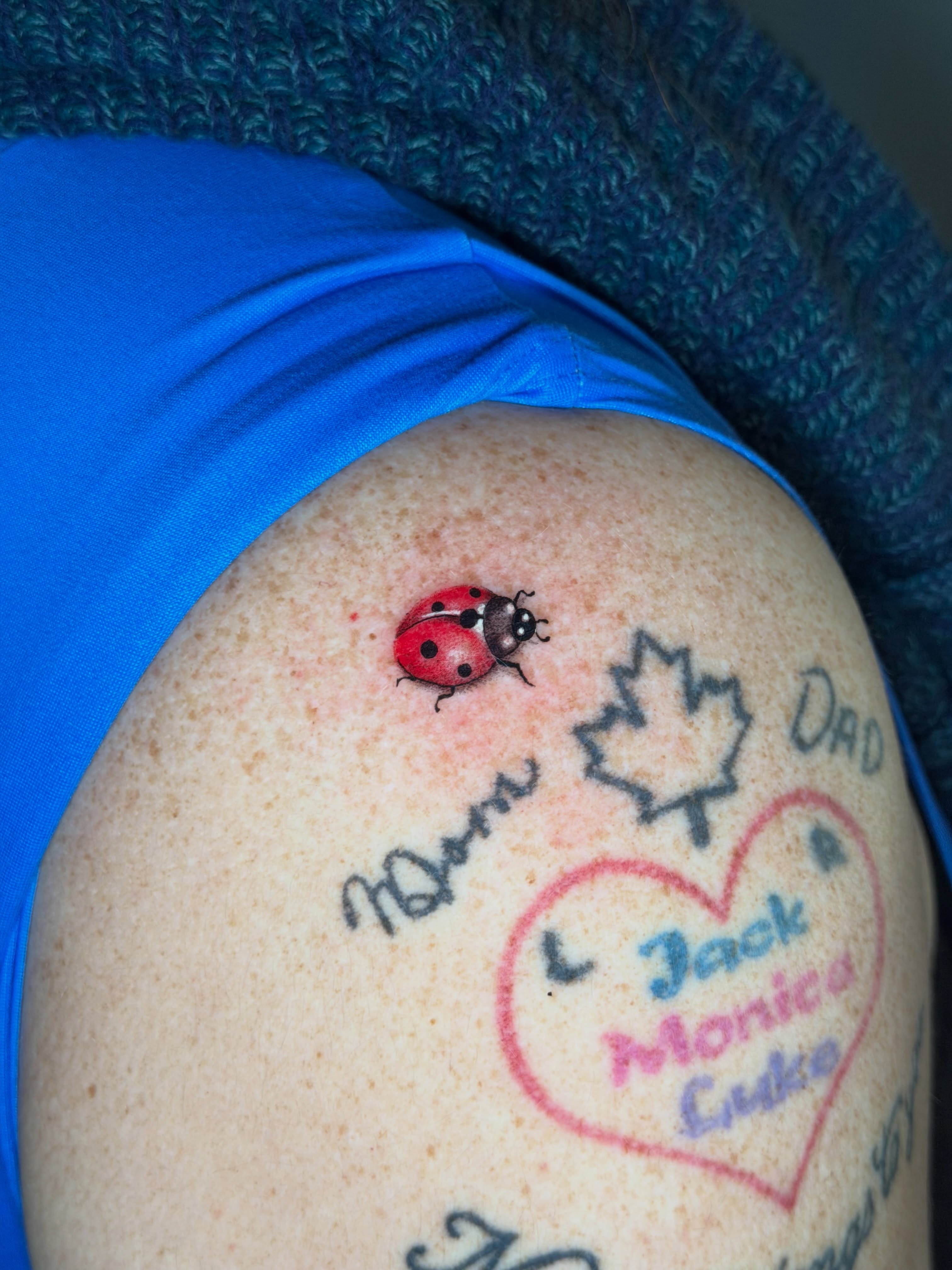 Ladybug realism tattoo on the shoulder by Mandy Kaur