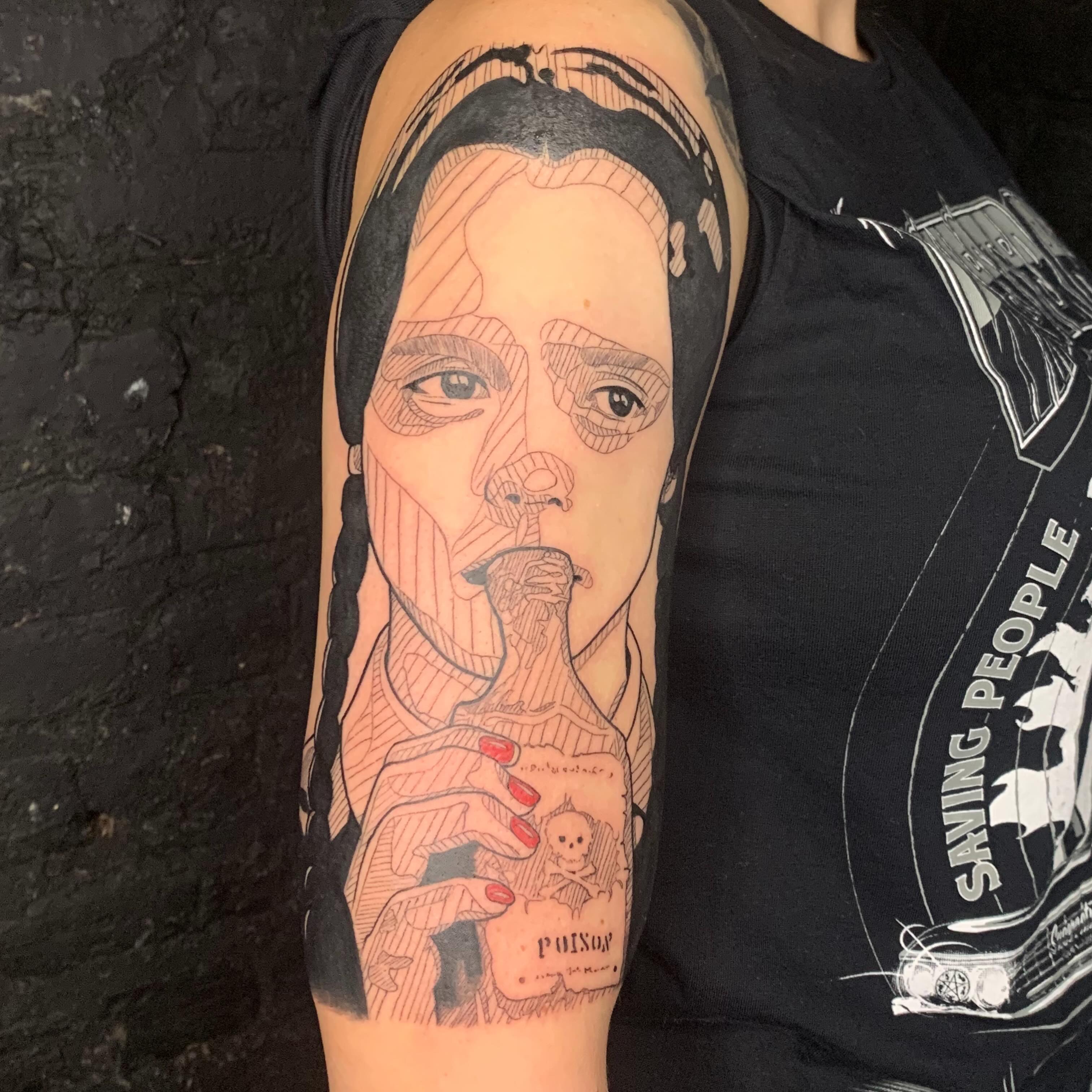 Woman with poison bottle realism tattoo on the forearm by Micha Sol