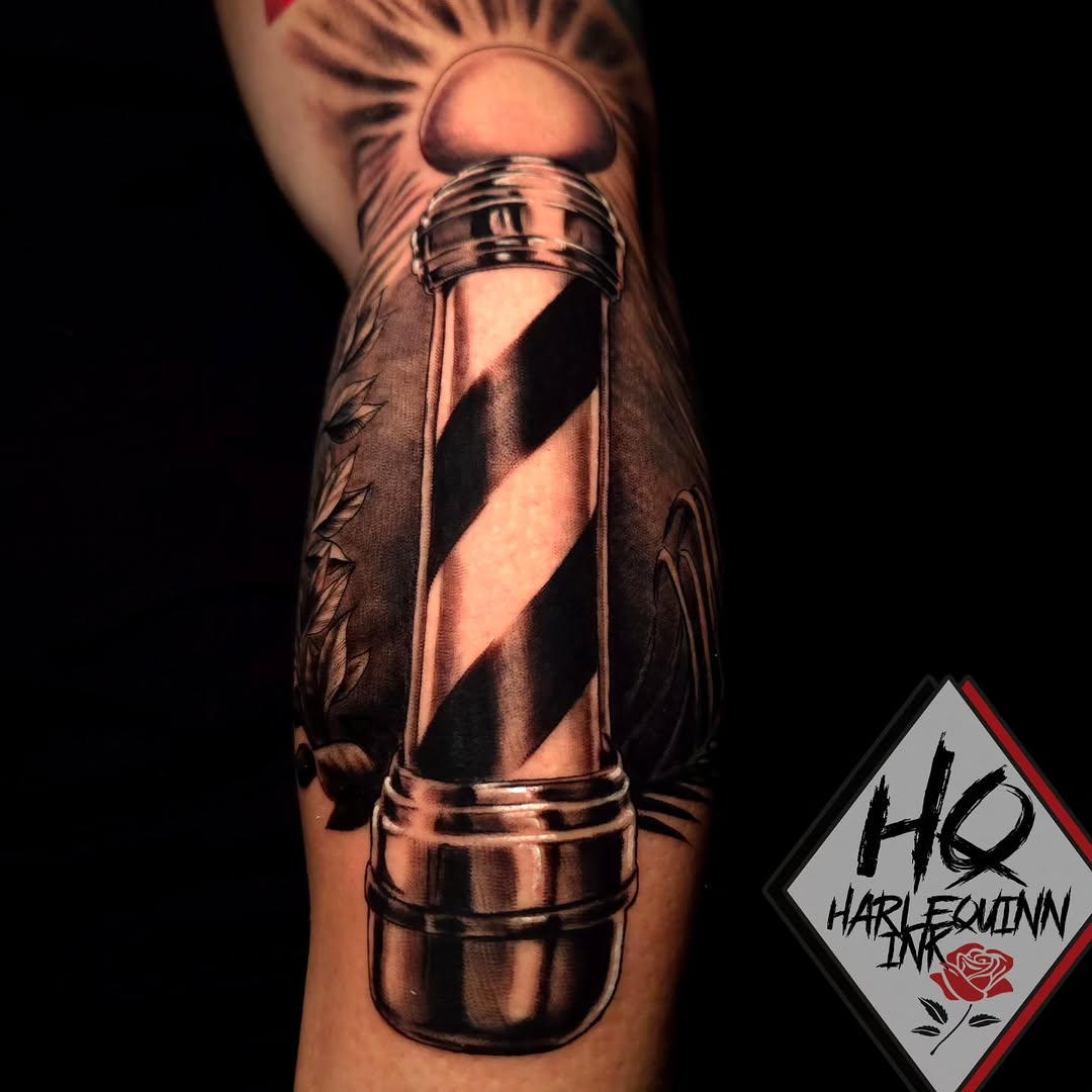 Barber pole tattoo on the forearm by HarleQuinn_Ink