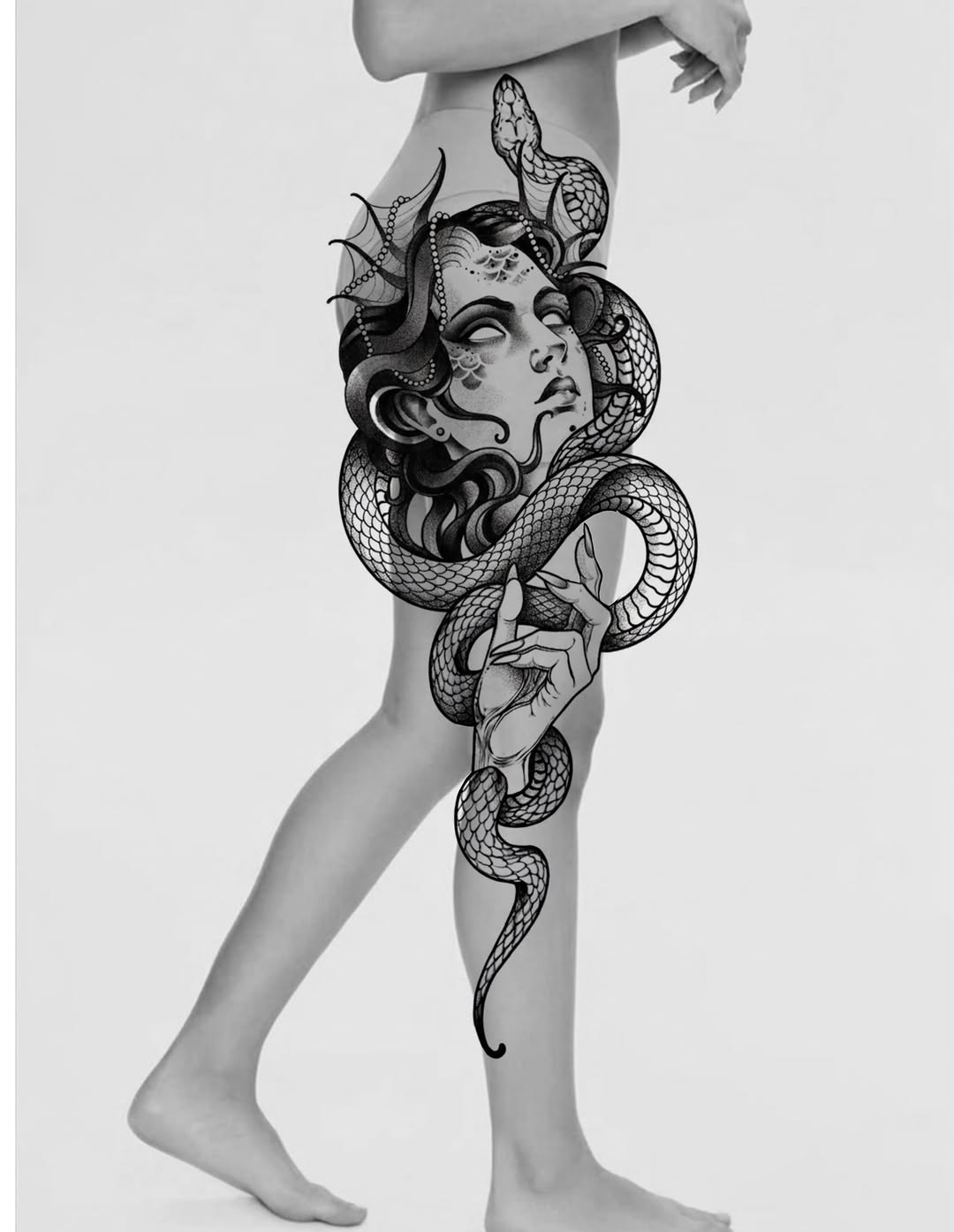 Medusa with snake realism tattoo on the thigh by Rafael Alfredo Armas Hoyos, Salt Lake City, Utah