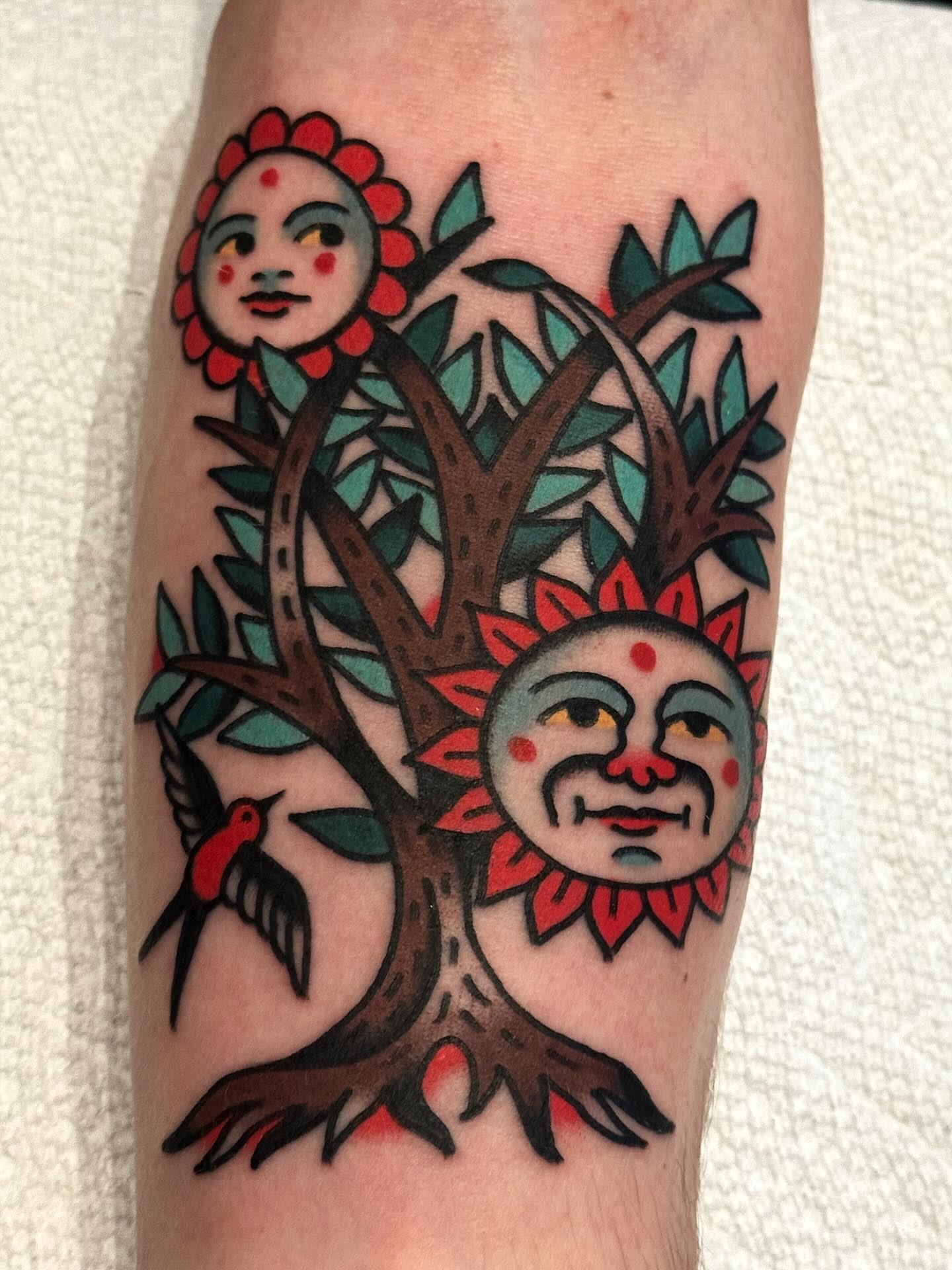 Sun and tree American traditional tattoo on the forearm by Bryce Shearer